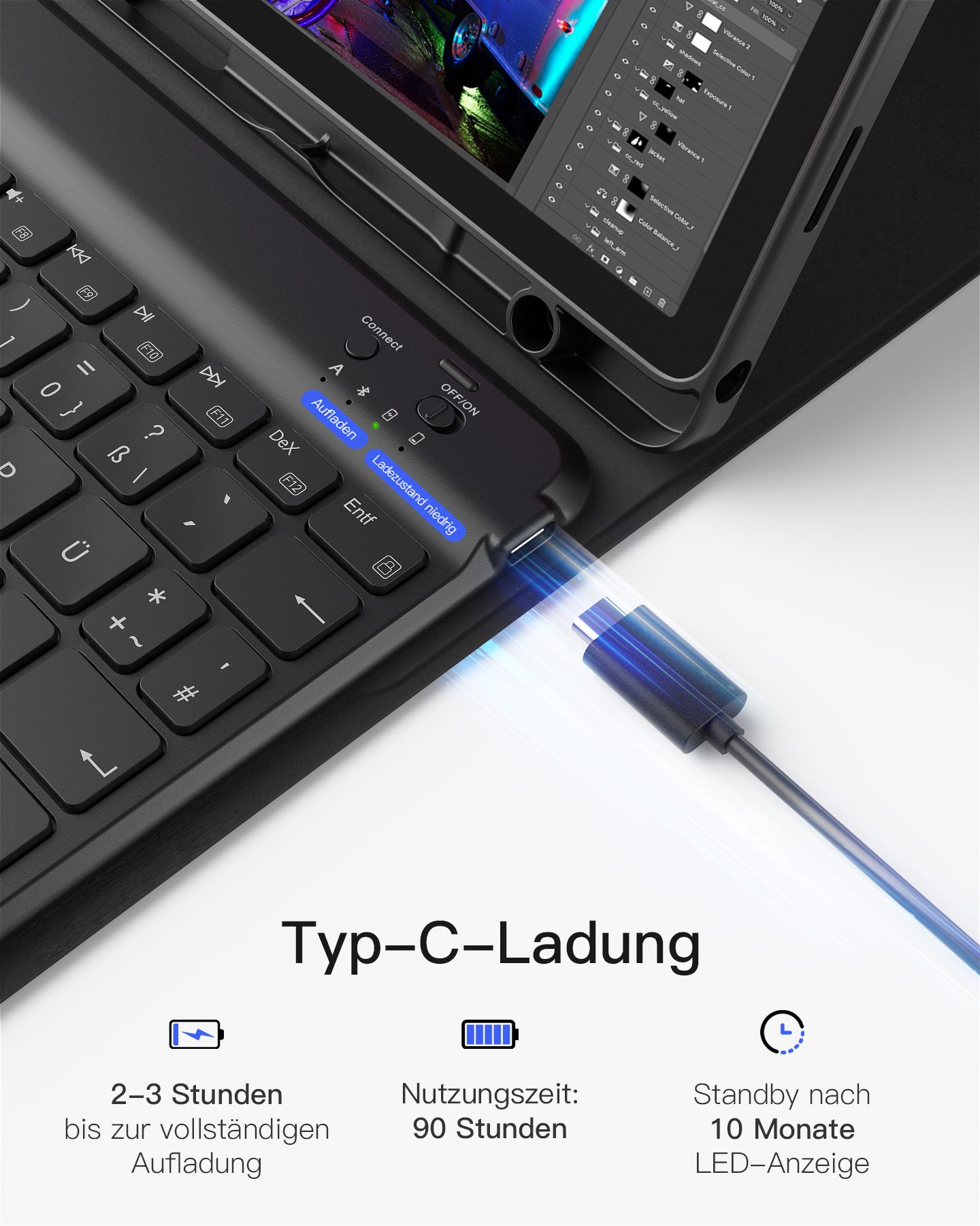 Una tastiera per tablet con un cavo di ricarica collegato. Il testo indica il tempo di ricarica e la durata della batteria.
