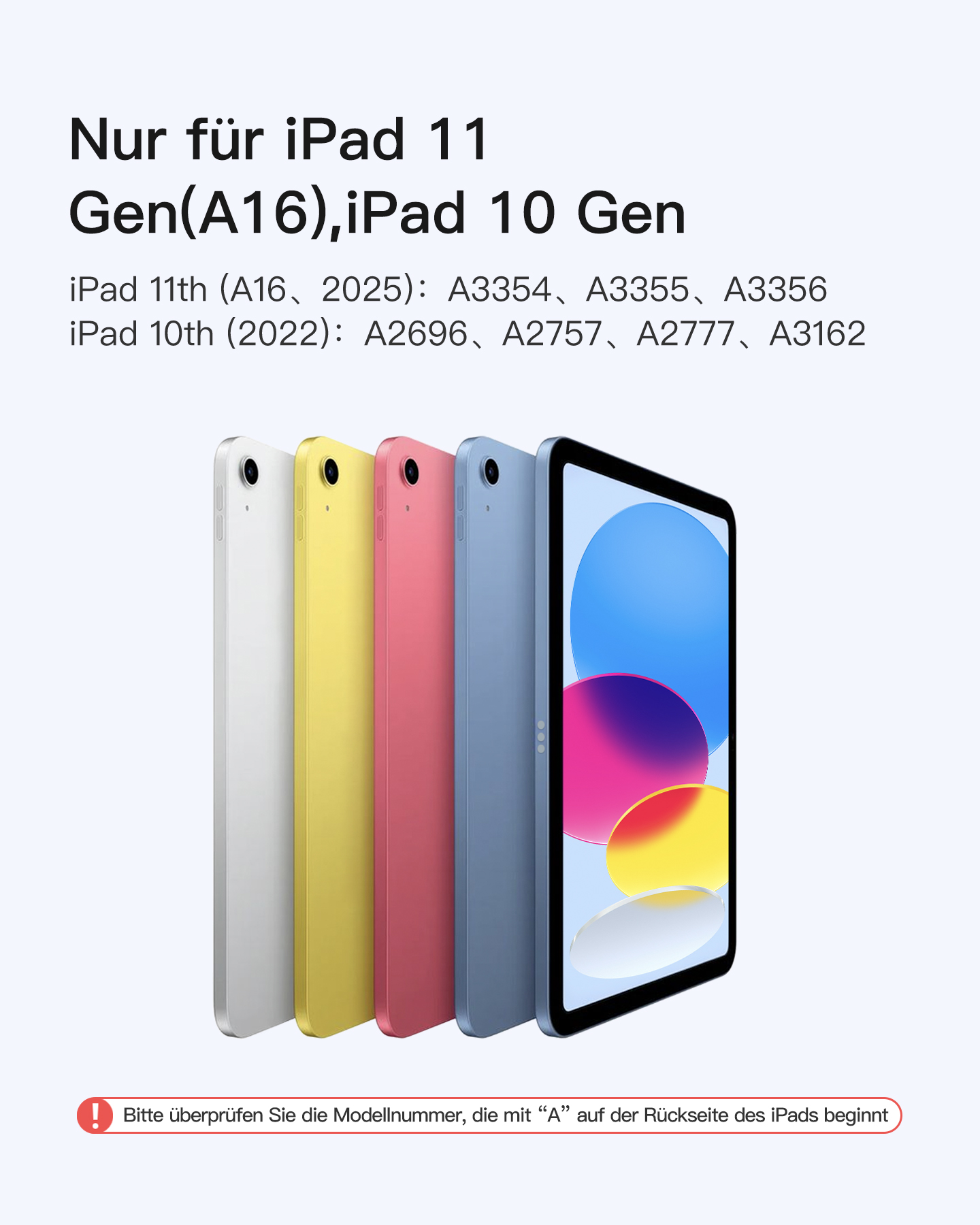 Bild von iPads in verschiedenen Farben. Text gibt die iPad-Modellkompatibilität an.