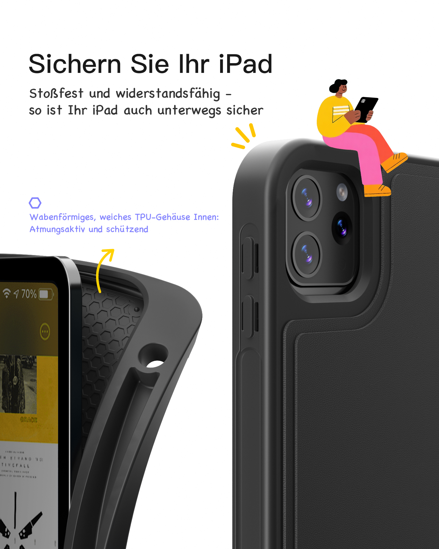 Nahaufnahme einer schwarzen iPad-Hülle mit einer Person, die darauf sitzt. Ein Pfeil zeigt auf das Design.
