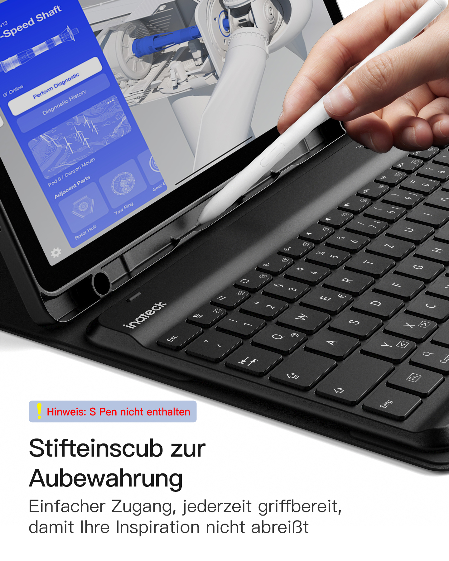Un tablet con tastiera e stilo. Lo stilo è tenuto sopra lo schermo. La tastiera è nera.