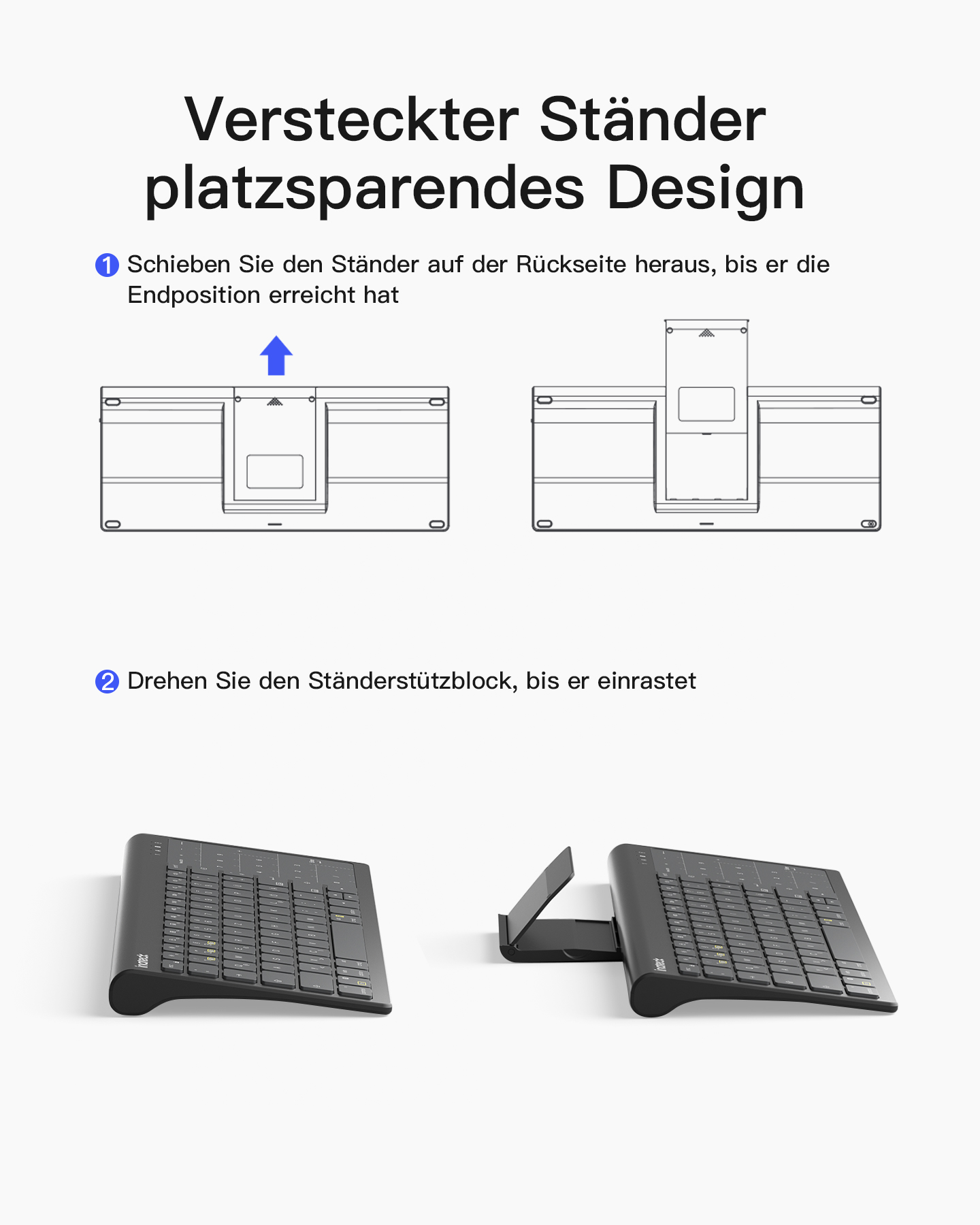 Diagramm, das zeigt, wie der Ständer einer Tastatur ausgeklappt und arretiert wird. Schwarze Tastatur gezeigt.