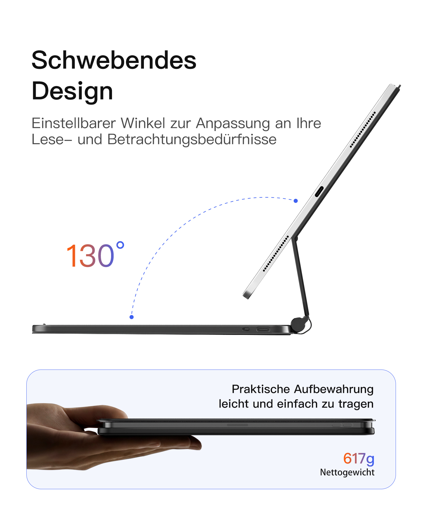Ein Tablet, das in einem Winkel auf einer schwarzen Tastatur geöffnet ist. Das Bild zeigt den einstellbaren Winkel des Geräts.