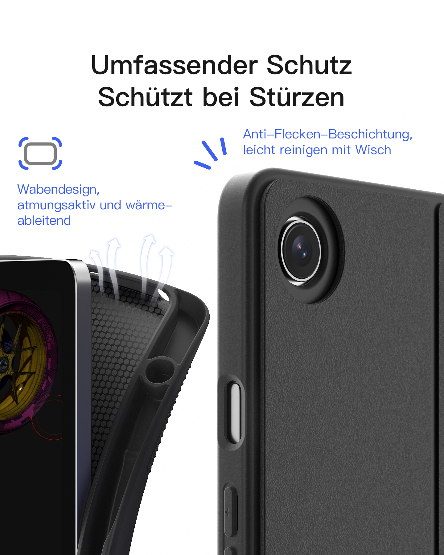 Primo piano di una custodia nera per tablet che mostra il design protettivo e le caratteristiche. La custodia ha un foro per la fotocamera.