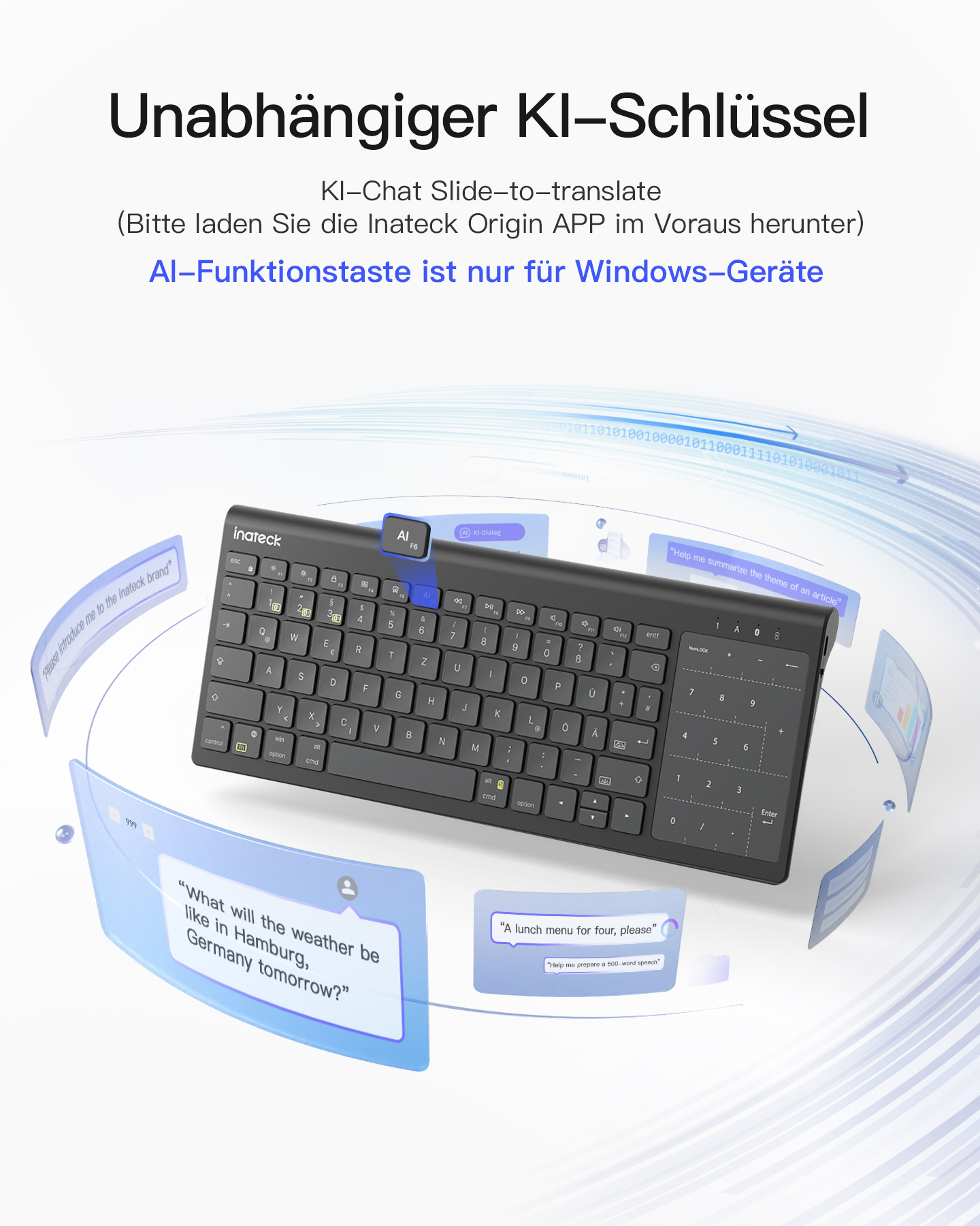 Schwarze Tastatur mit blauer KI-Taste. Die Tastatur hat ein Touchpad und Sprechblasen darum herum.