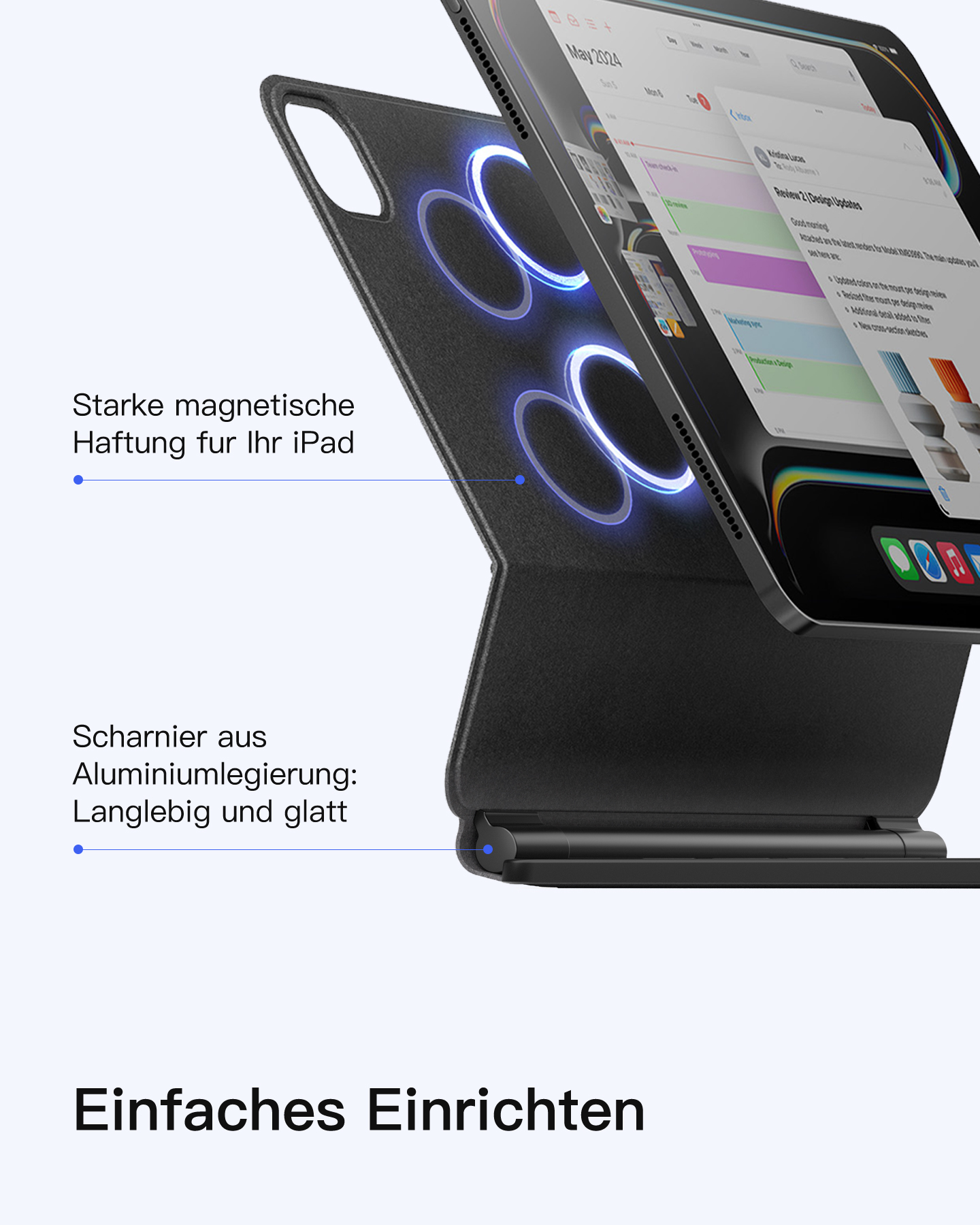 Ein Tablet mit Tastatur, die an der Hülle befestigt ist. Das Bild zeigt die magnetischen Befestigungspunkte.