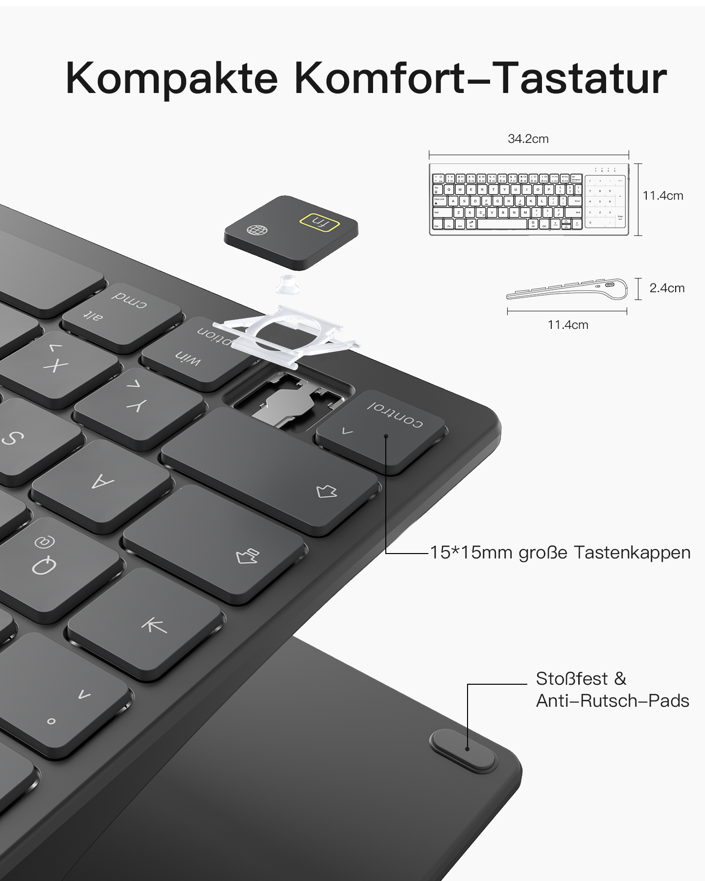 Nahaufnahme einer Tastatur mit Tasten, die die Tastengröße und Anti-Rutsch-Pads zeigt. Die Tastatur ist schwarz.