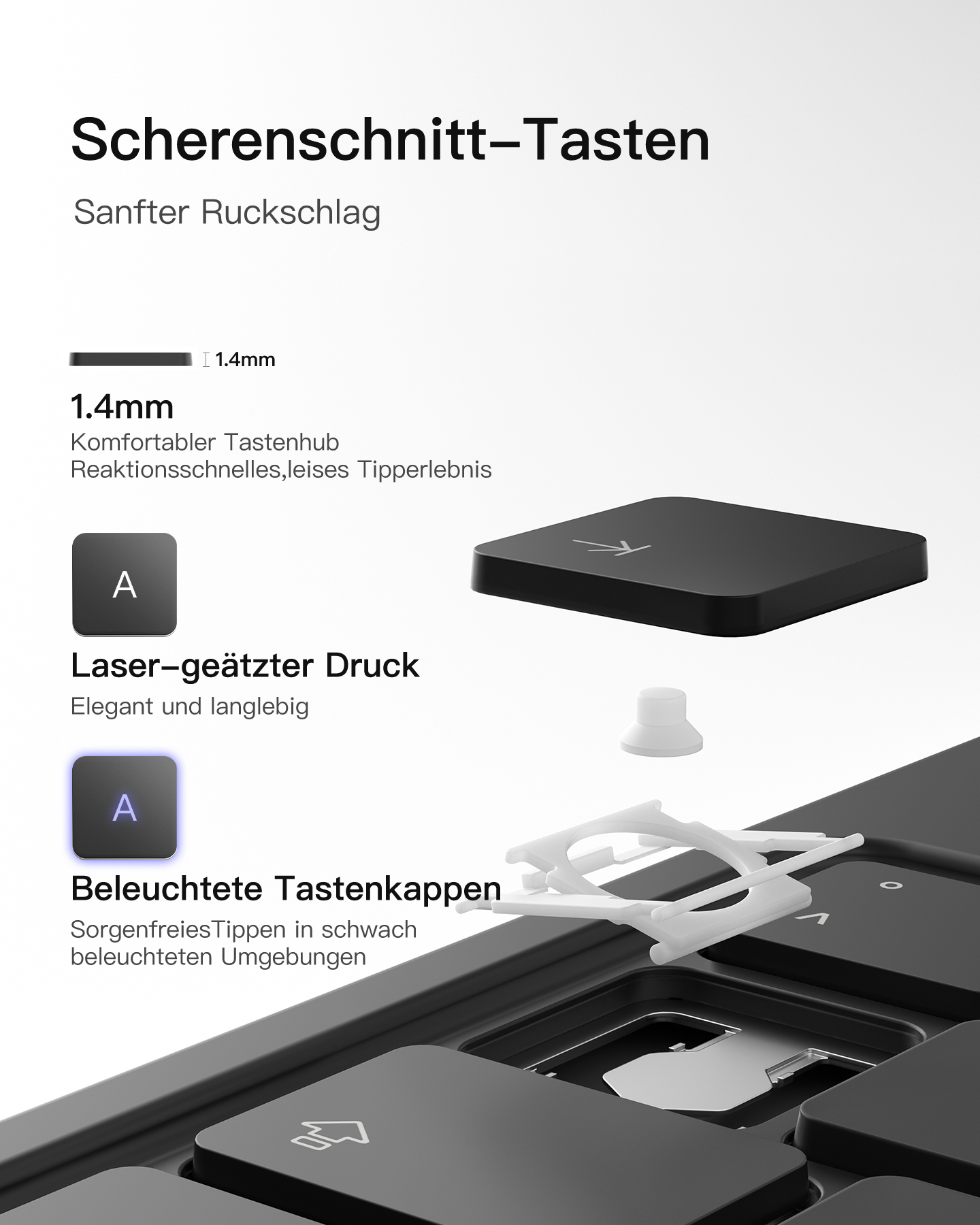 Nahaufnahme einer Tastaturtaste. Eine Taste mit dem Buchstaben 'A' wird angezeigt. Schwarz und Weiß.