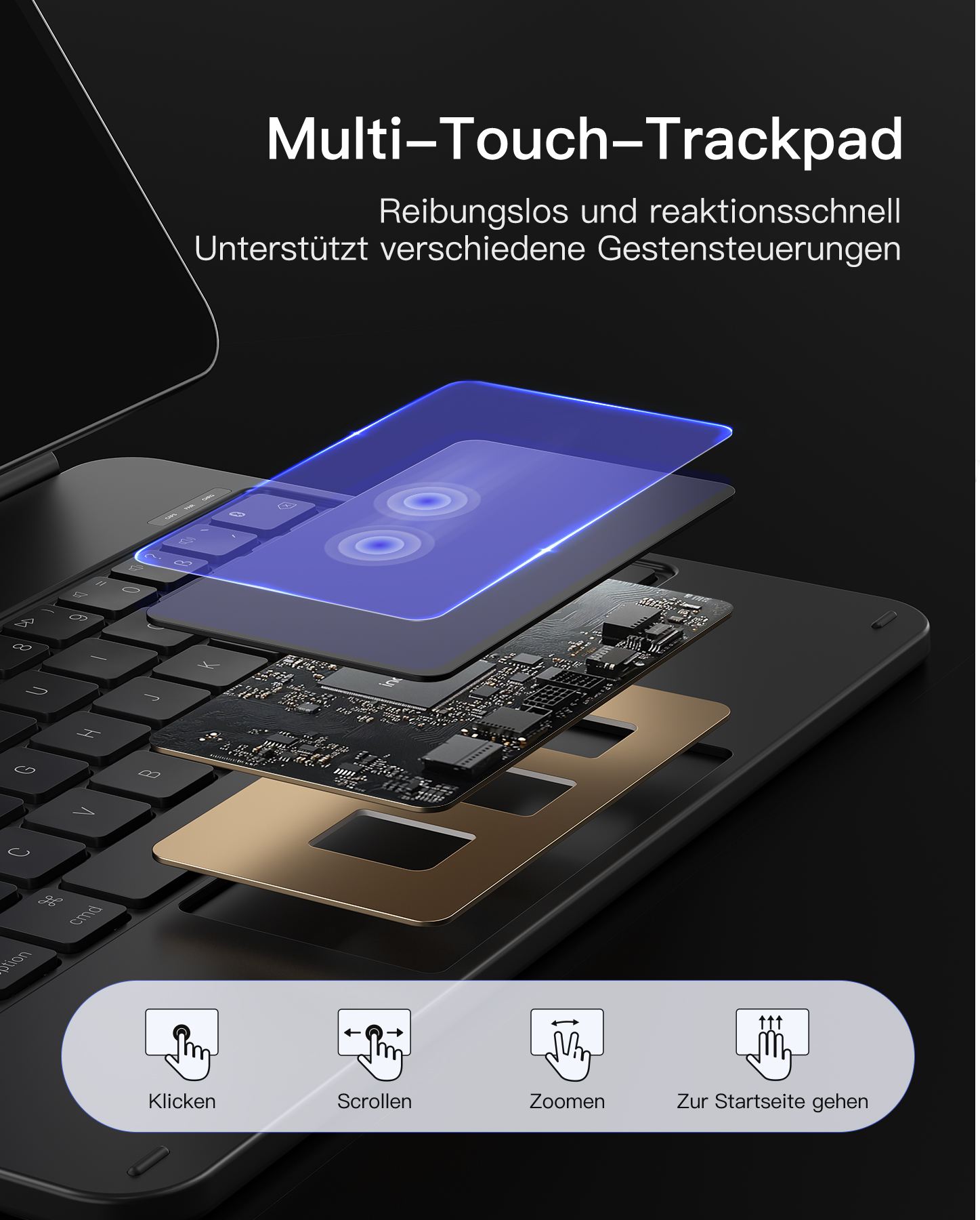 Eine Tablet-Tastatur zerlegt, um ihre internen Komponenten und die Touchpad-Funktionalität zu zeigen.
