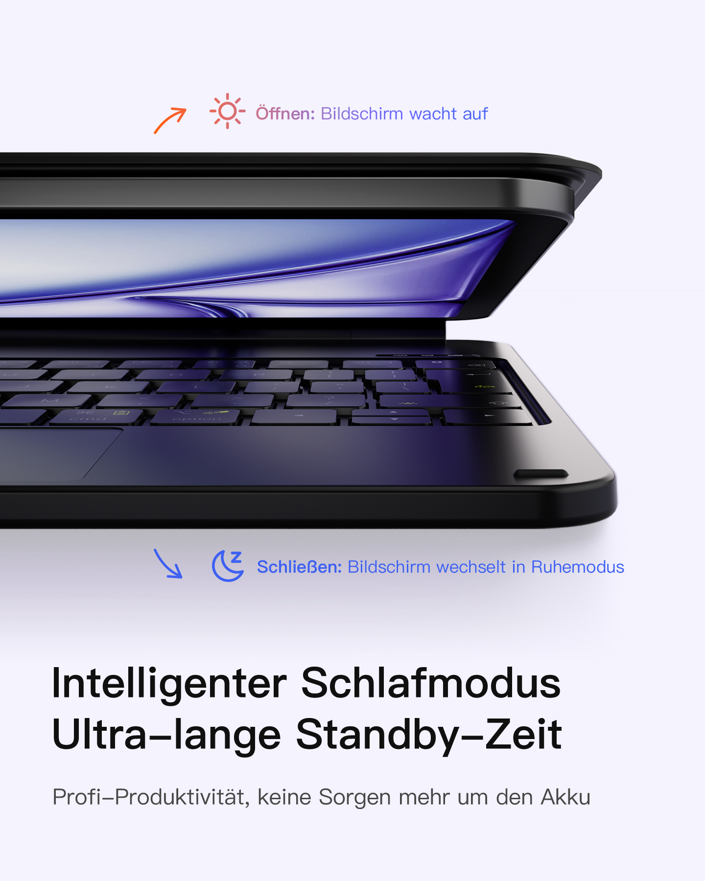 Ein Tablet in einer schwarzen Hülle, das die Weck- und Schlaffunktion zeigt. Text zeigt ultra-lange Standby-Zeit an.