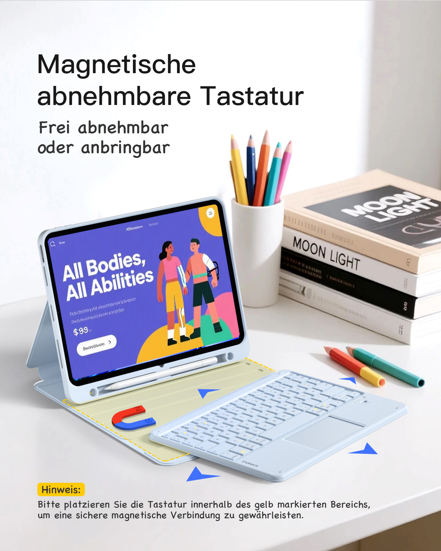 Tablet und Tastatur mit magnetischer Verbindung, mit Bleistiften in einem Becher. Weißer Hintergrund.