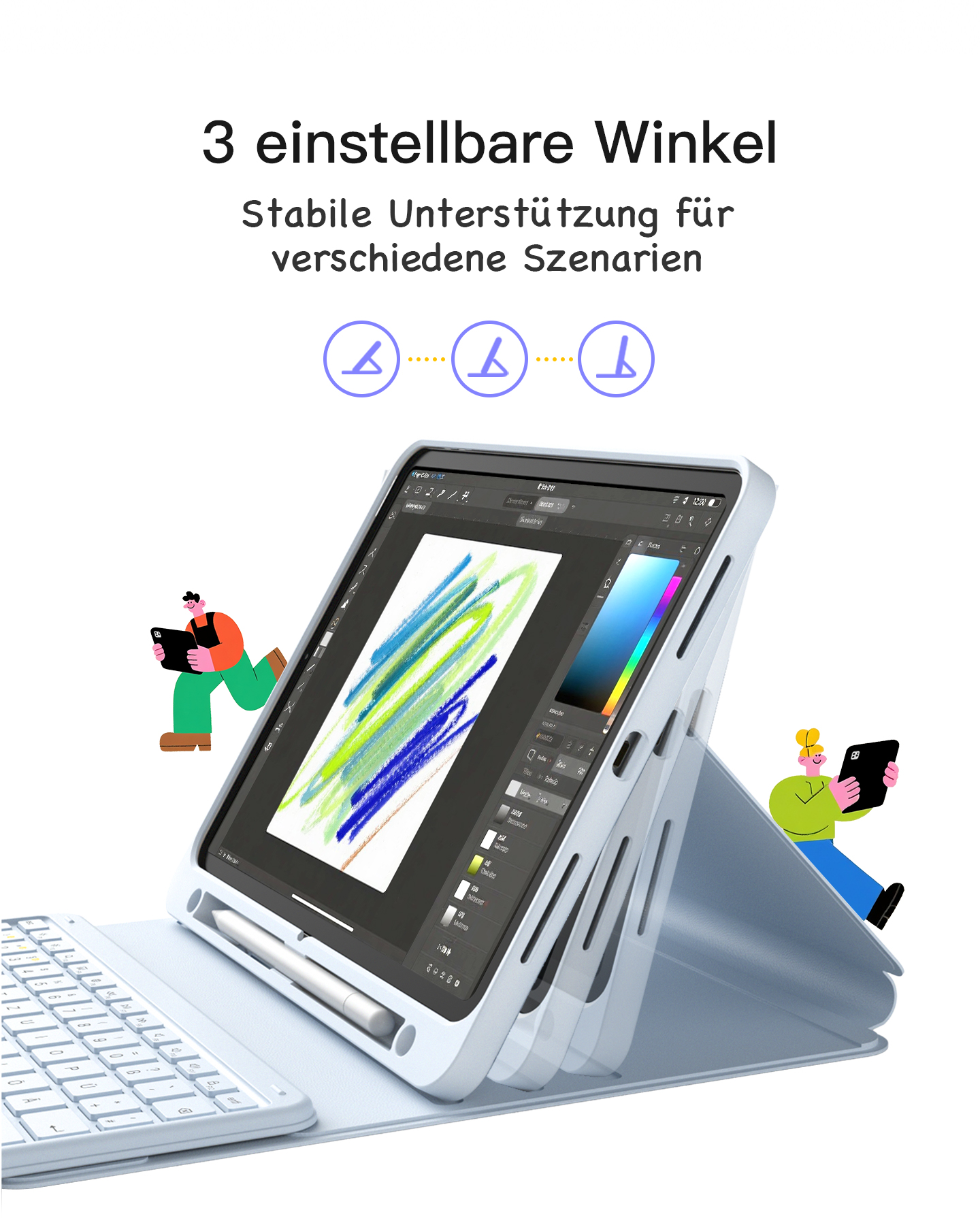 Tablet-Hülle mit einstellbaren Winkeln, mit drei illustrativen Figuren. Blaues und weißes Farbschema.