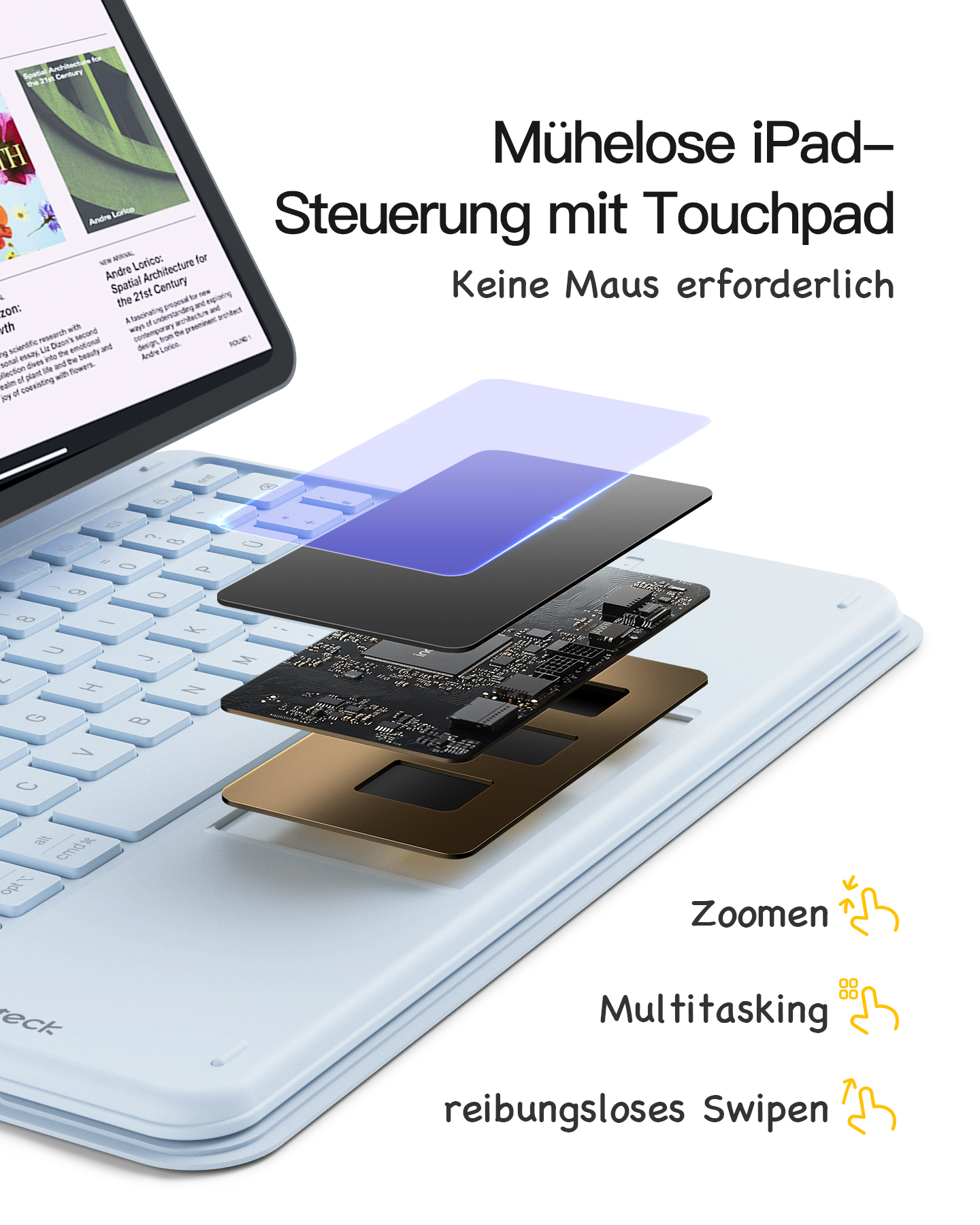 Tablet mit Tastatur, mit Schichten von Komponenten angezeigt. Text über Touchpad und Zoomen.