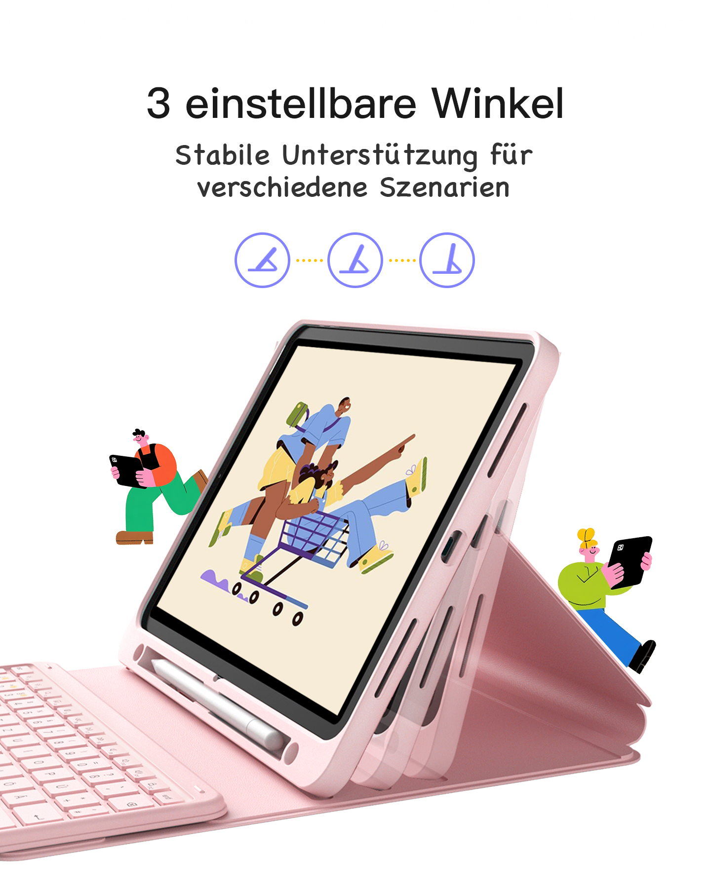 Tablet-Hülle mit einstellbaren Winkeln, mit Illustrationen von Personen. Rosa und weißes Farbschema.
