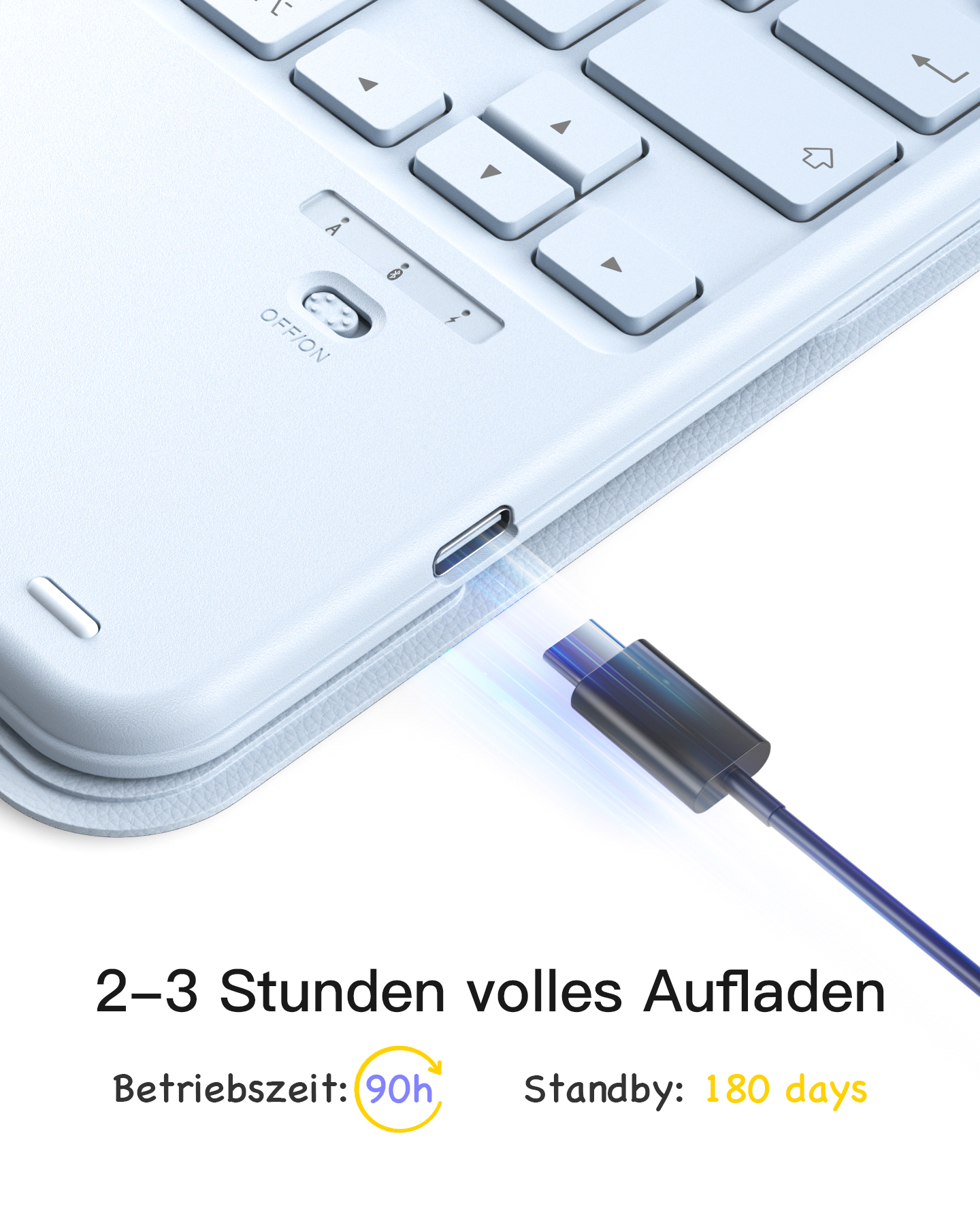 Nahaufnahme eines Ladeanschlusses und einer Tastatur. Text zeigt 2-3 Stunden Ladezeit an.