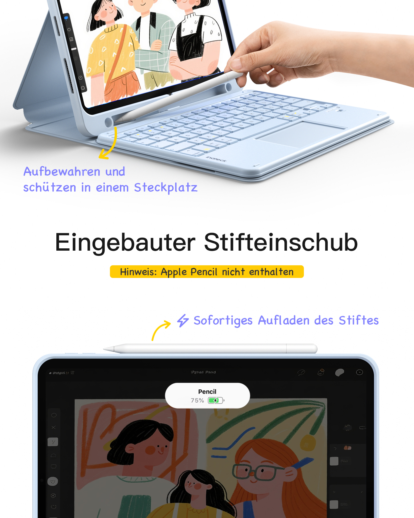 Ein iPad in einer blauen Tastaturhülle, mit einer Hand, die einen Stift hält. Verfügt über einen Apple Pencil-Steckplatz und Ladefunktionen.