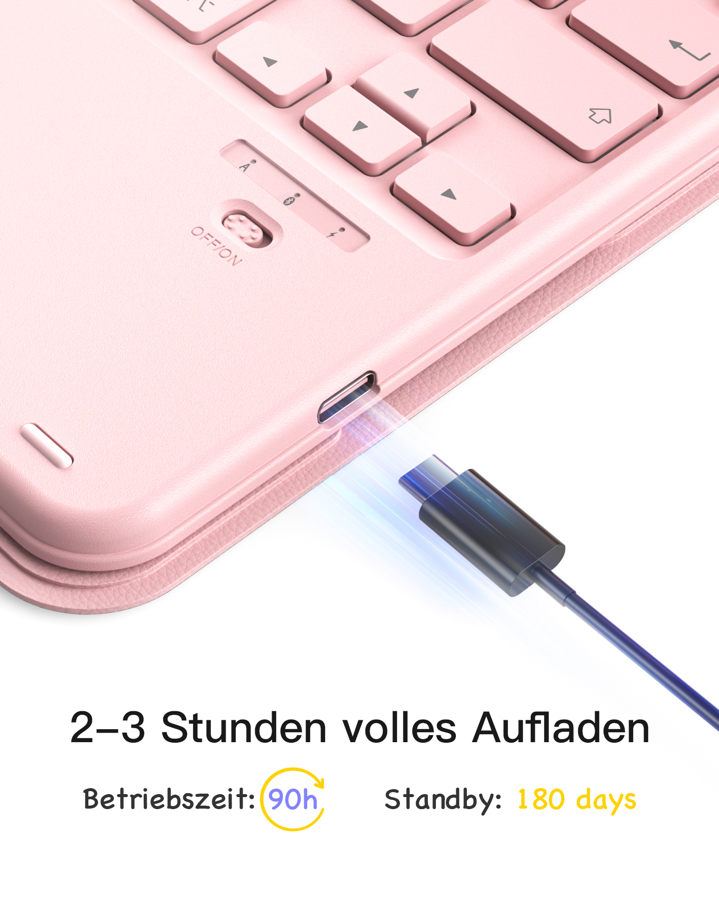 Nahaufnahme einer rosa Tastatur und eines Ladeanschlusses. Text zeigt 2-3 Stunden Ladezeit an.