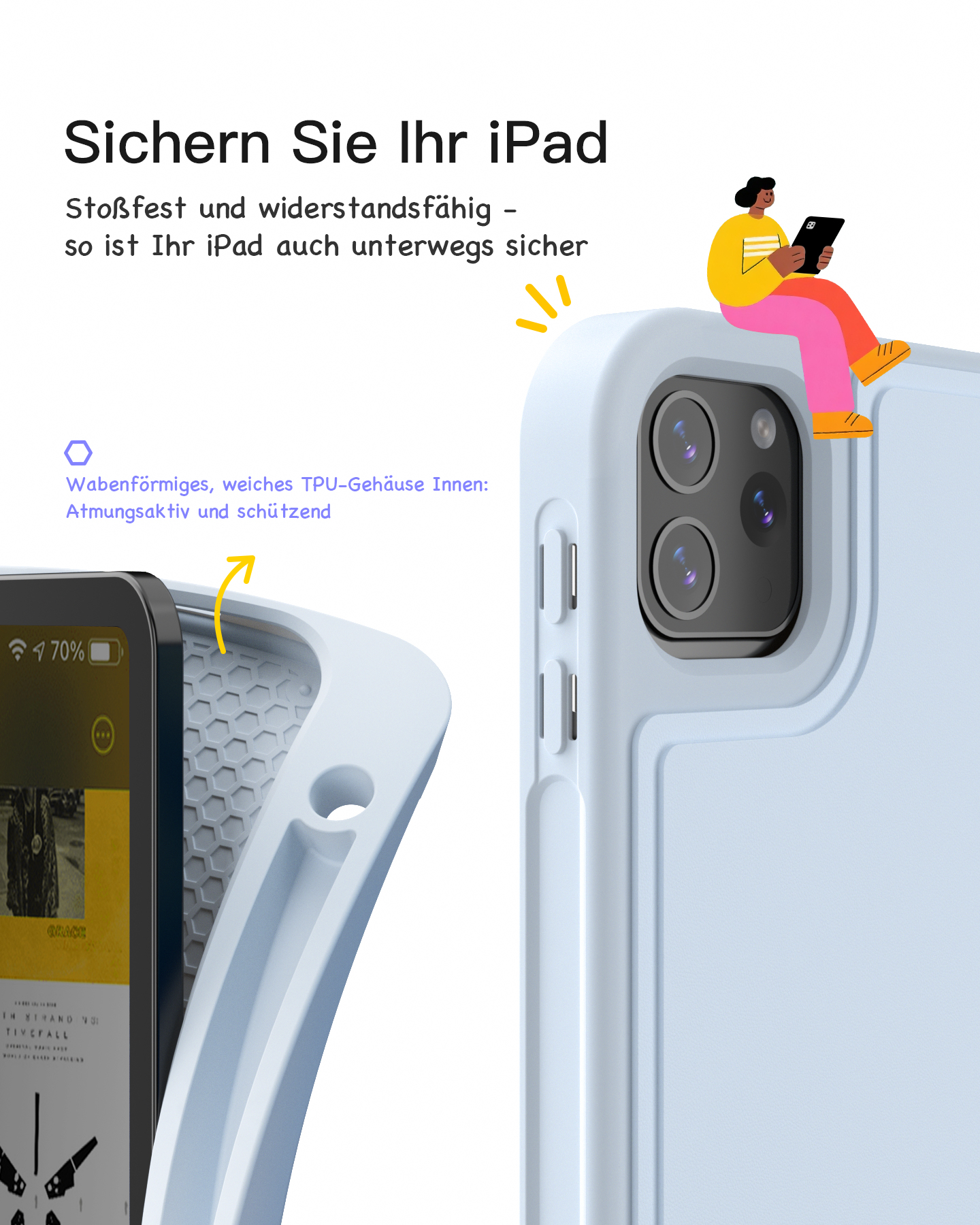 Ein iPad in einem hellblauen Gehäuse, mit einer Person, die darauf sitzt und ein Tablet hält. Das Gehäuse hat ein Wabenmuster zum Schutz.