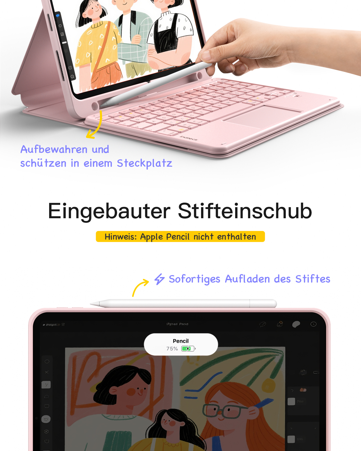 Rosa iPad-Tastaturhülle mit einer Hand, die einen Stift hält. Verfügt über einen Apple Pencil-Steckplatz und Ladefunktionen.