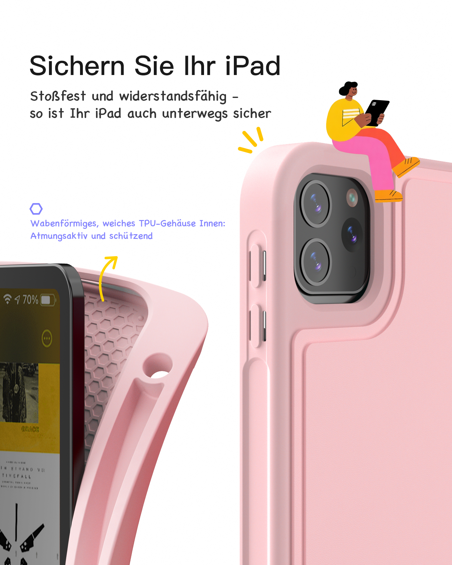 Rosa Tablethülle mit einer Person, die oben sitzt. Telefonbildschirm sichtbar. Rosa und schwarzes Farbschema.