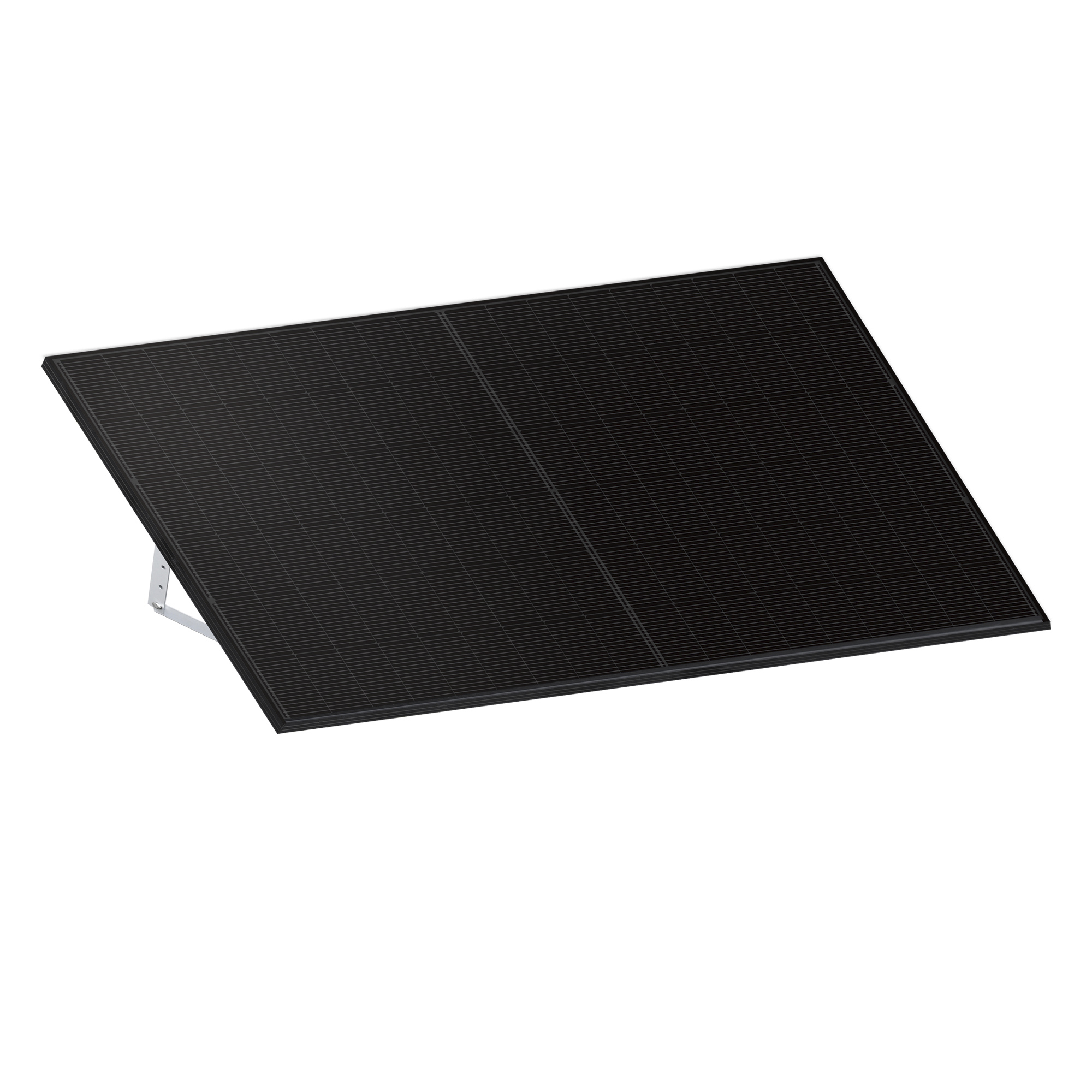 Ein schwarzes Solarpanel montiert auf einem weißen Rahmen.