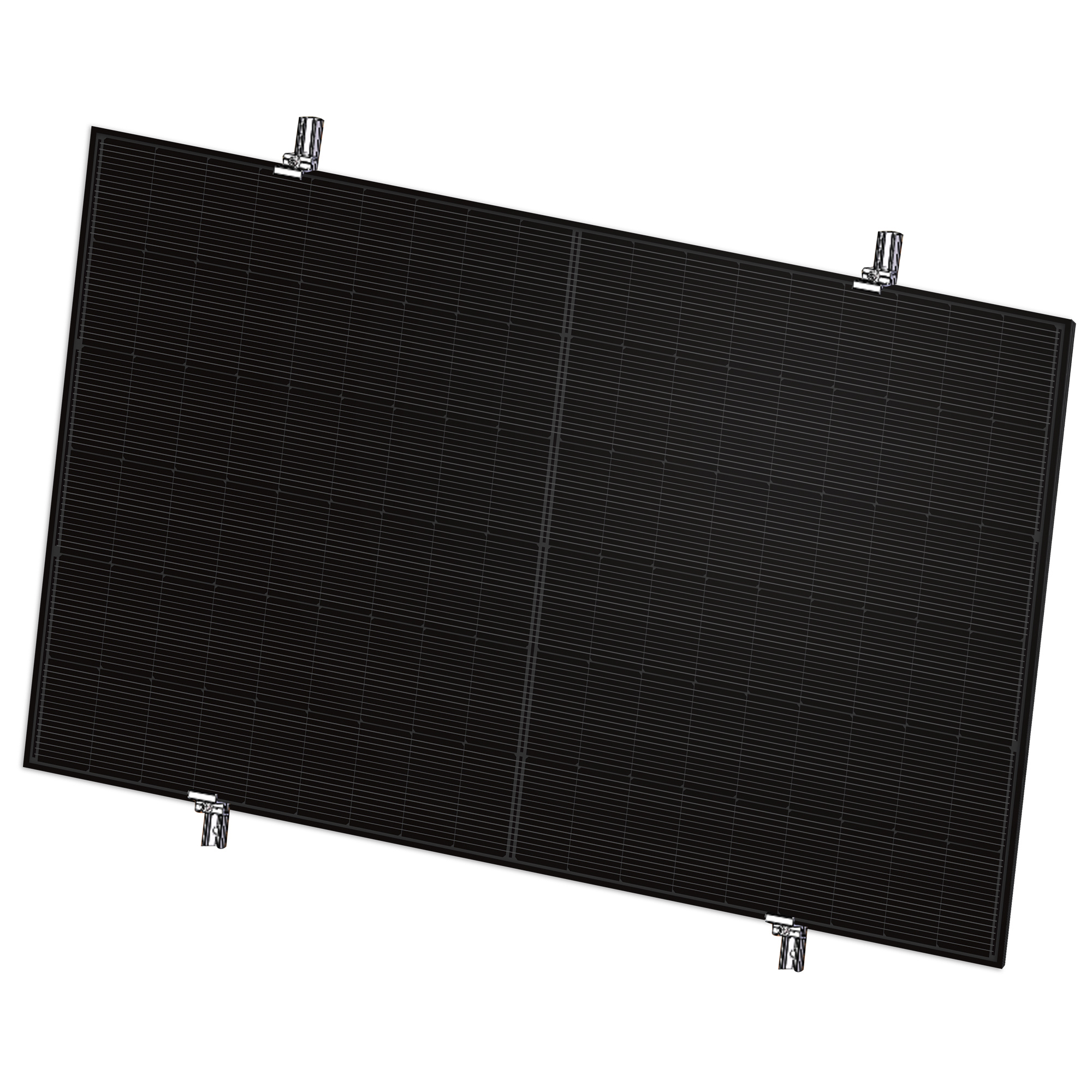 Ein schwarzes Solarpanel ist mit Halterungen an einem weißen Rahmen befestigt.