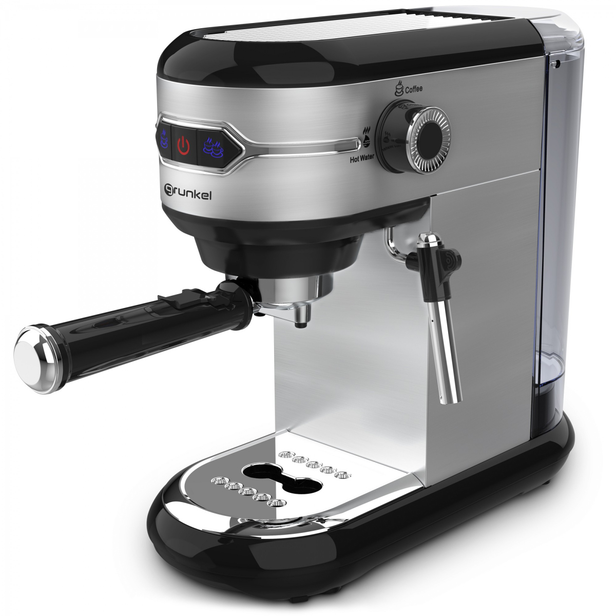 Una máquina de espresso plateada y negra con un dial y botones.