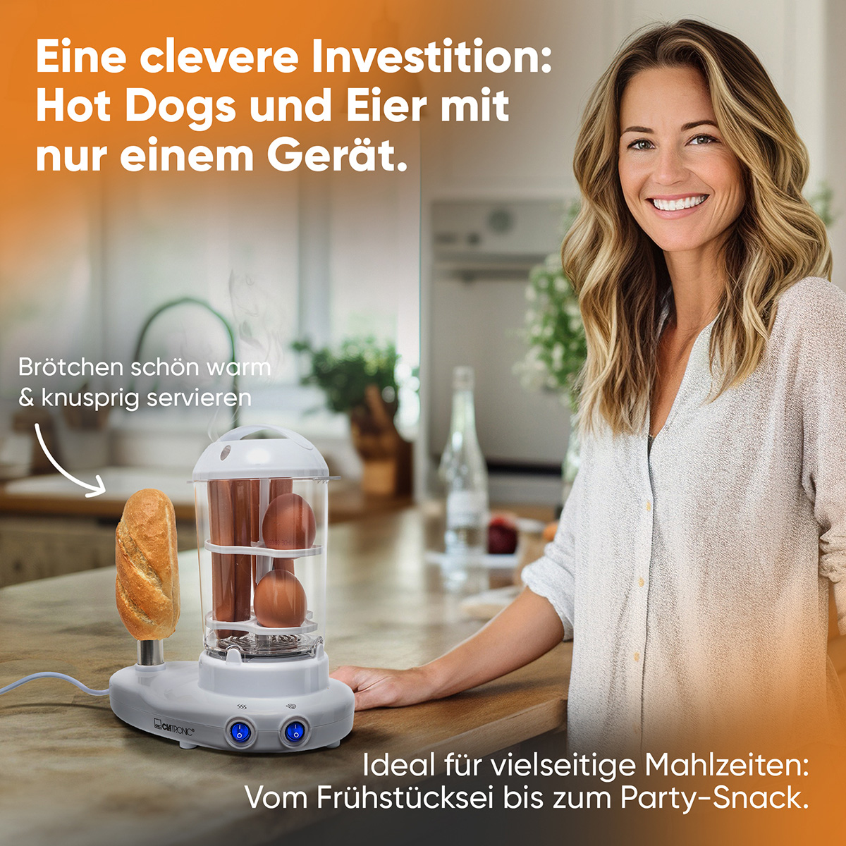 Kobieta uśmiecha się obok urządzenia do hot dogów i jajek. Maszyna gotuje na parze hot dogi i jajka. Bułka jest po lewej stronie.
