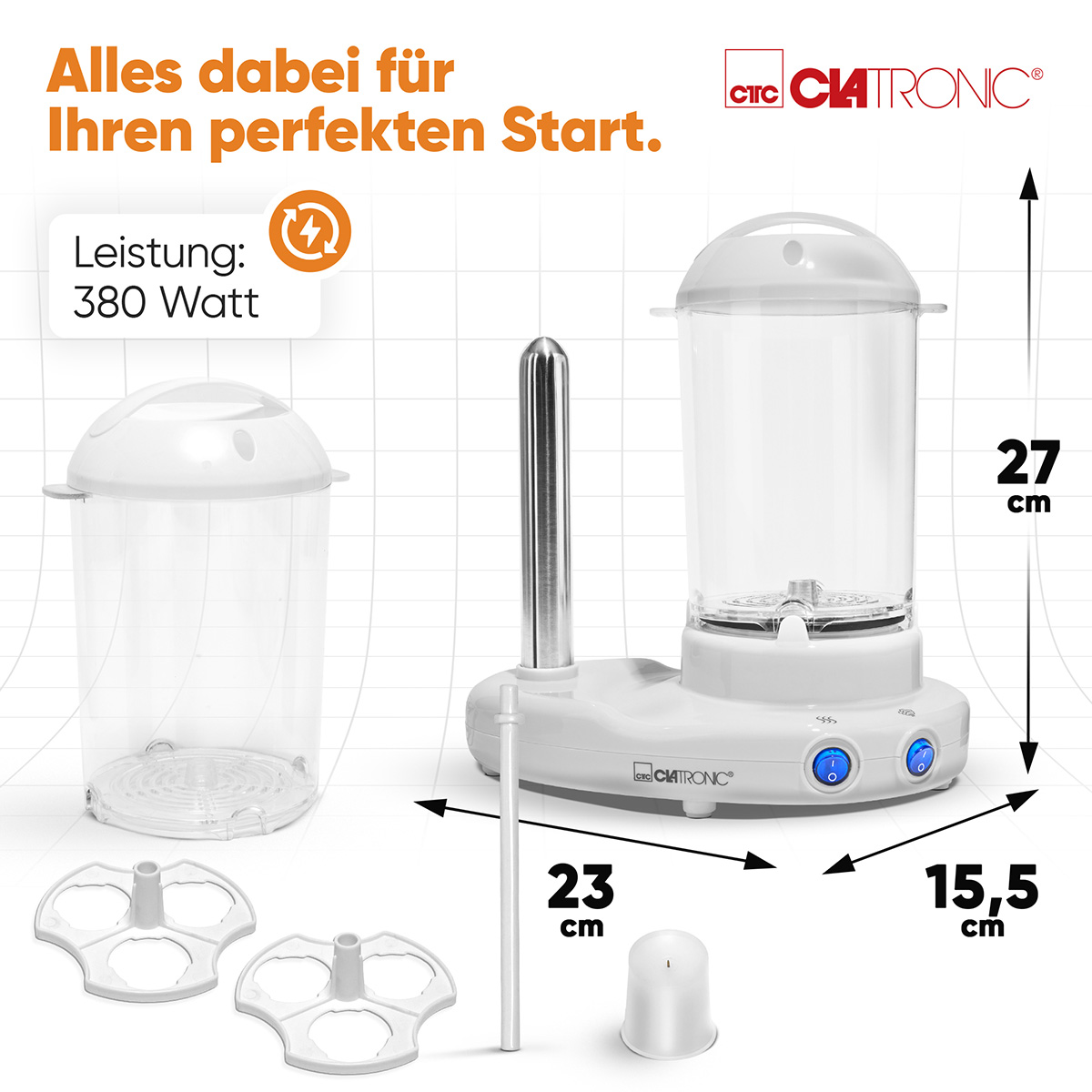 Biała parowar z akcesoriami, w tym przezroczysty pojemnik, miarki i etykiety wymiarów.