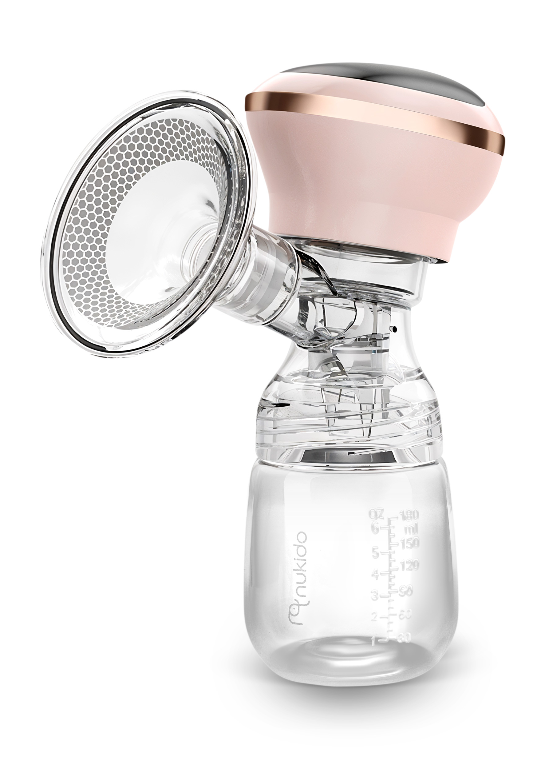 Laktator z różowymi i przezroczystymi elementami, butelką i białym tłem.