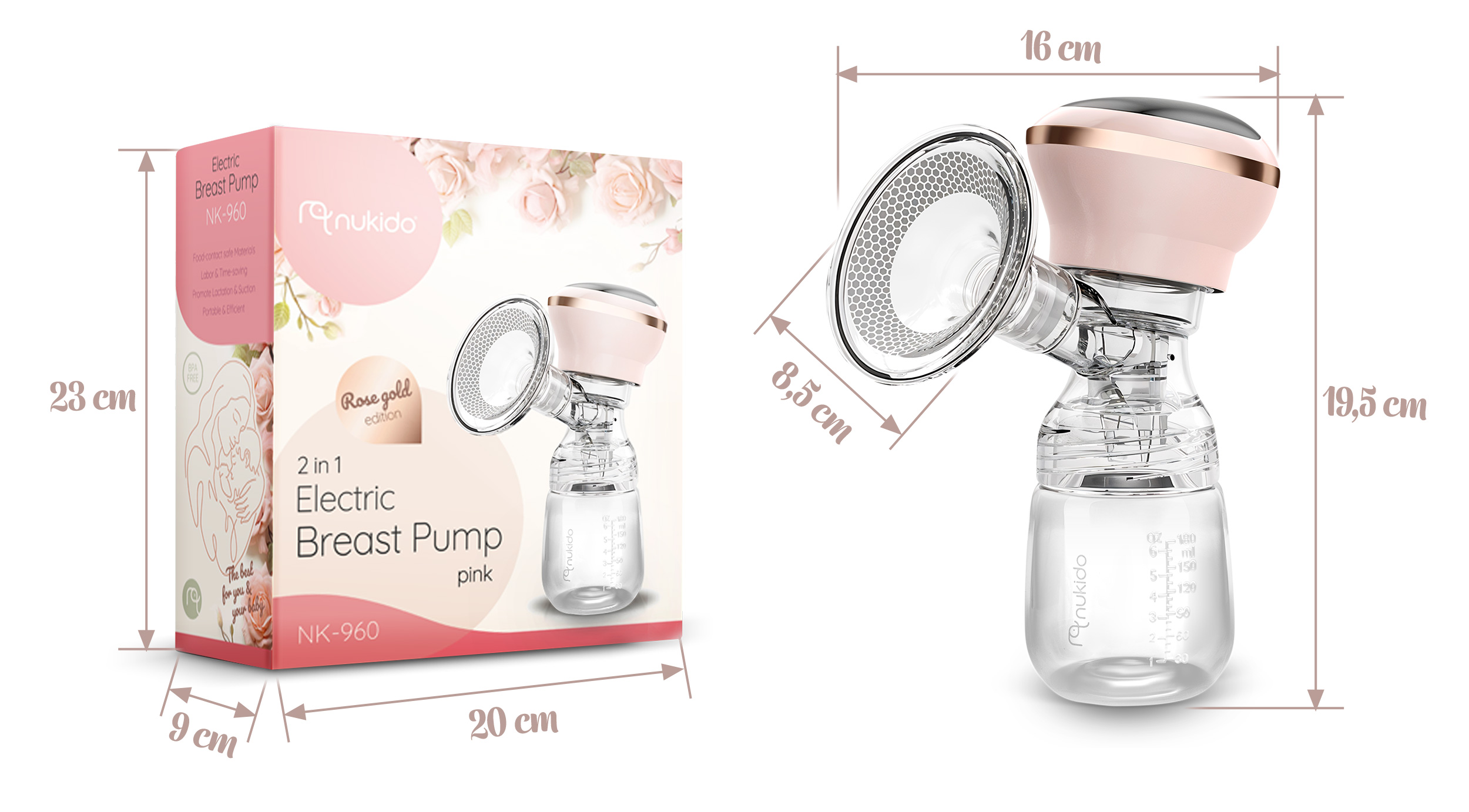 Laktator z pudełkiem z napisem 'Rose gold edition' i wymiarami. Pompa jest różowa i biała.