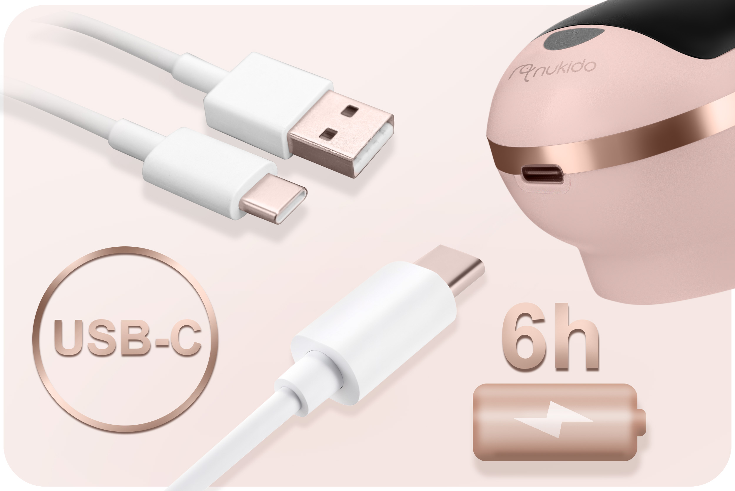 Biały kabel ładujący ze złączem USB i USB-C oraz różowe urządzenie.
