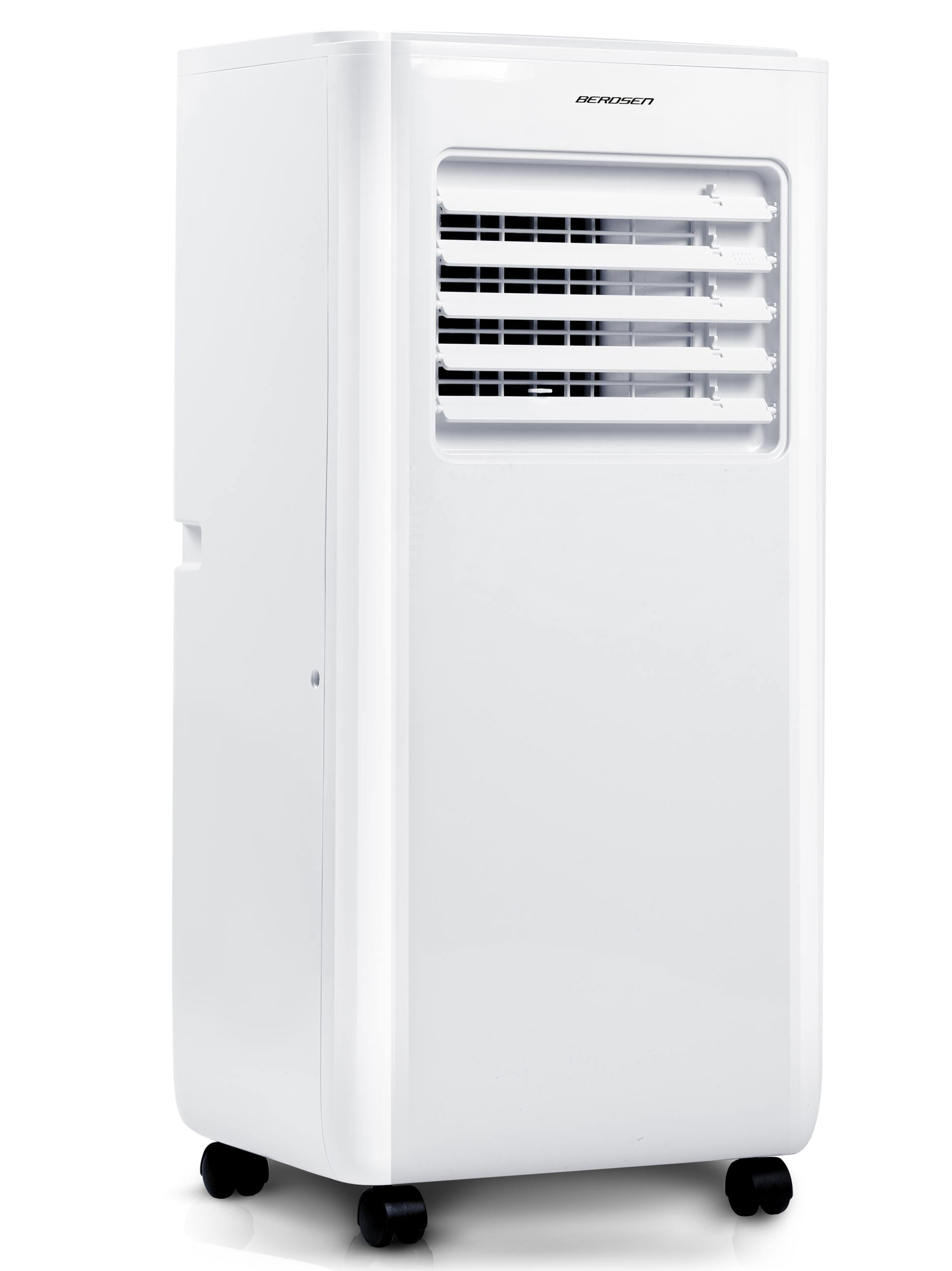 Biały klimatyzator z czarnymi otworami wentylacyjnymi i kółkami, z marką DE ROSEN.