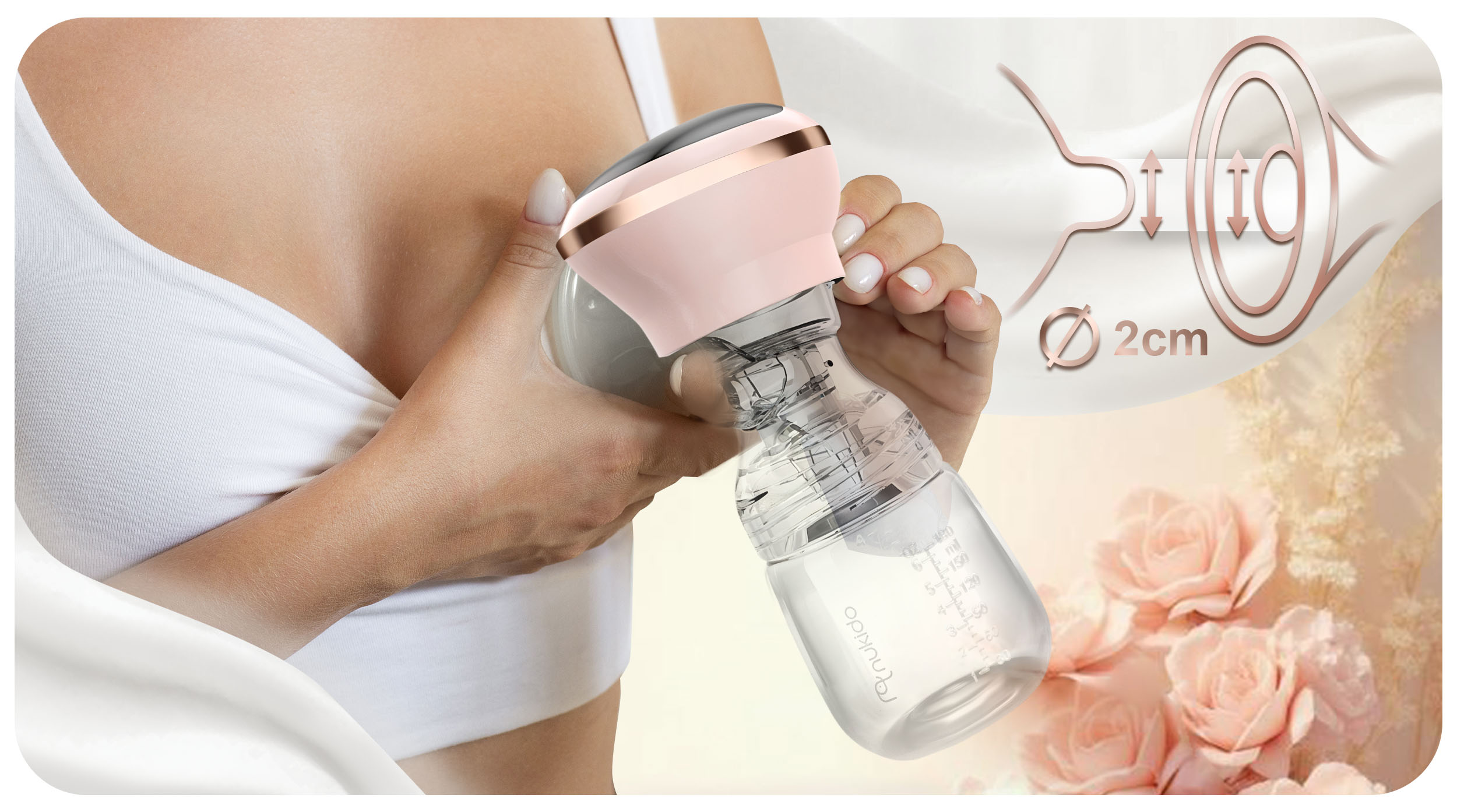 Kobieta trzymająca różowo-białą pompkę do piersi z diagramem i kwiatami.