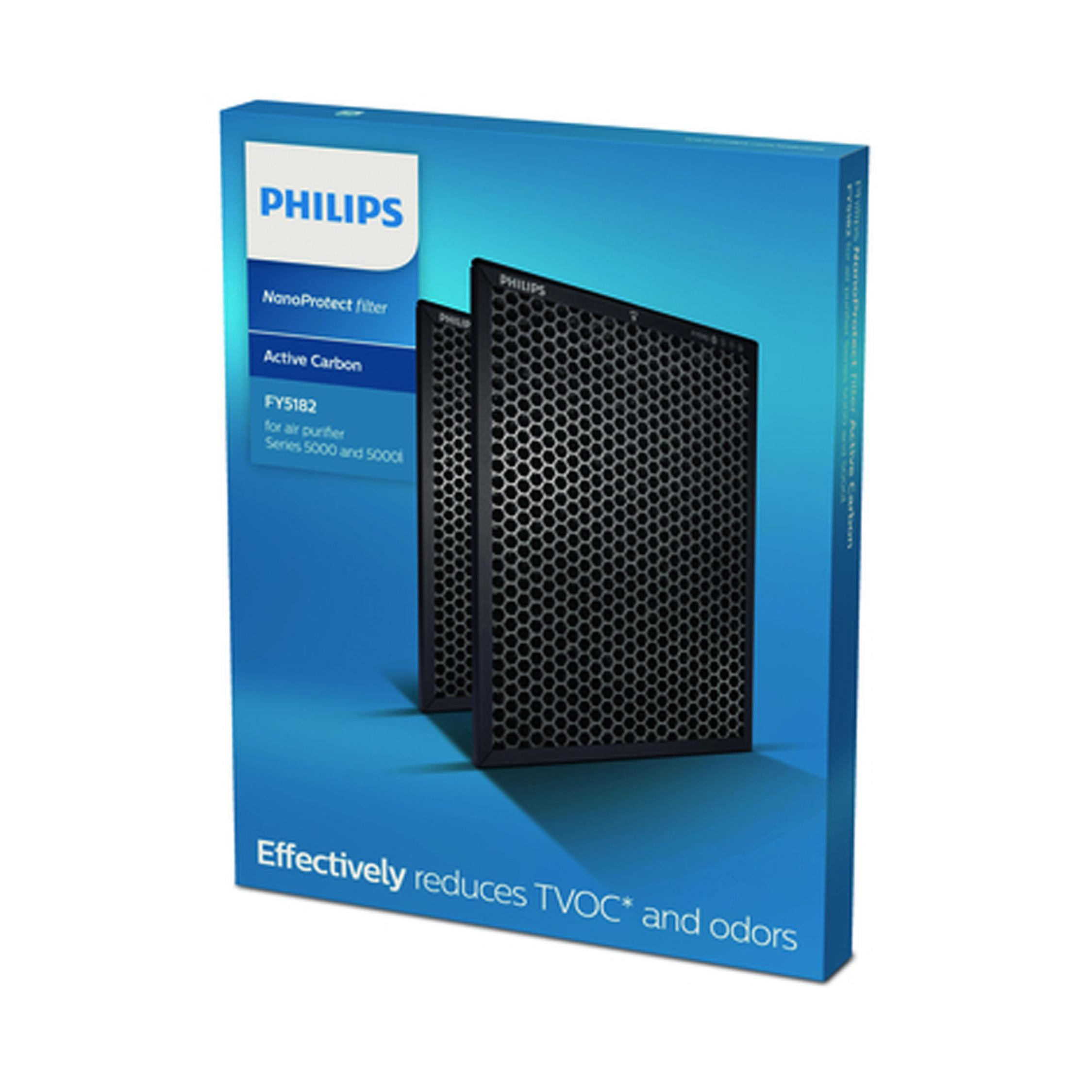 Eine blaue Schachtel mit Philips NanoProtect Filter, die zwei schwarze Filter zeigt, mit Text zur Geruchsreduzierung.