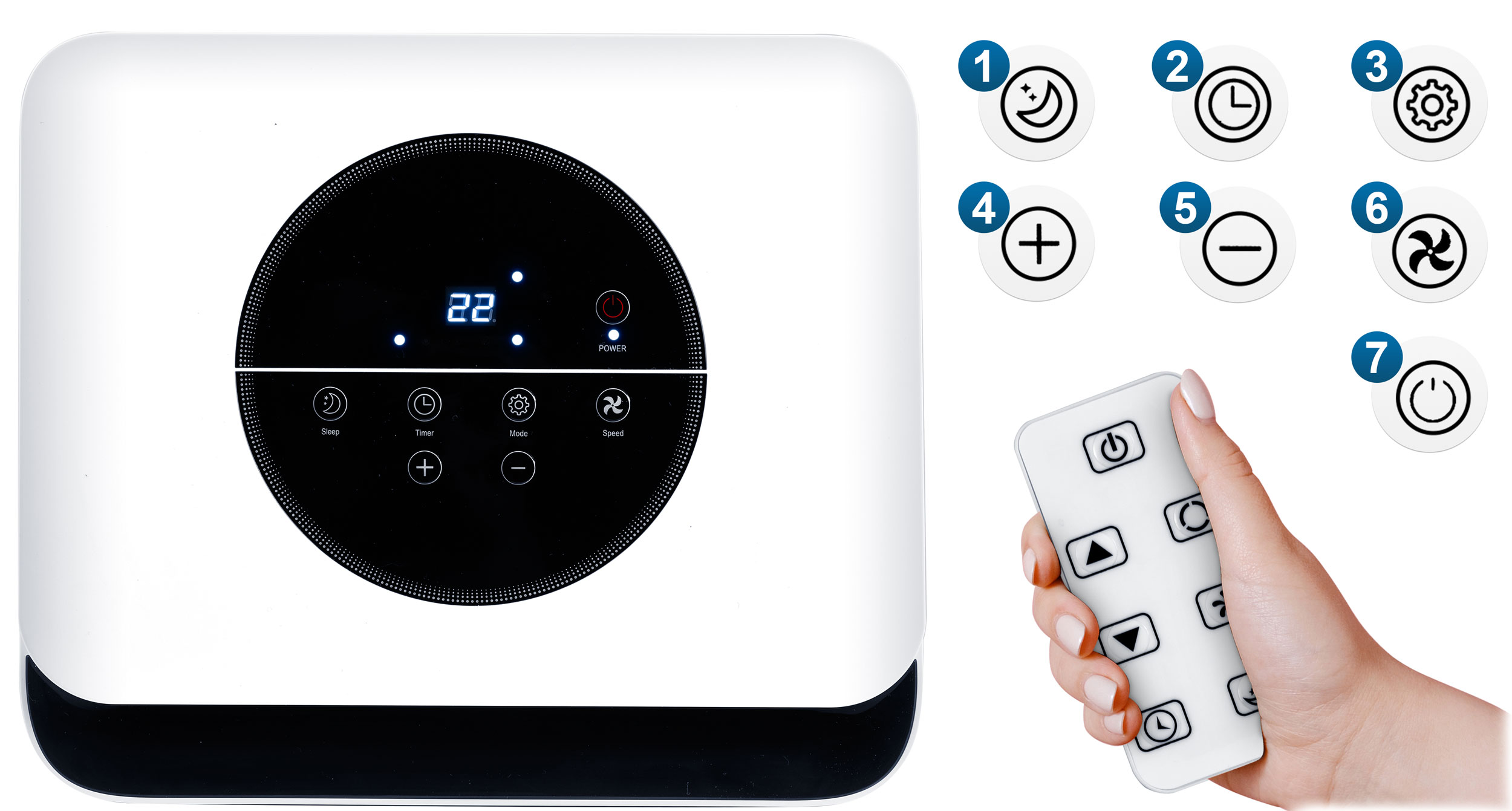 Biały klimatyzator z pilotem i panelem sterowania z numerami.