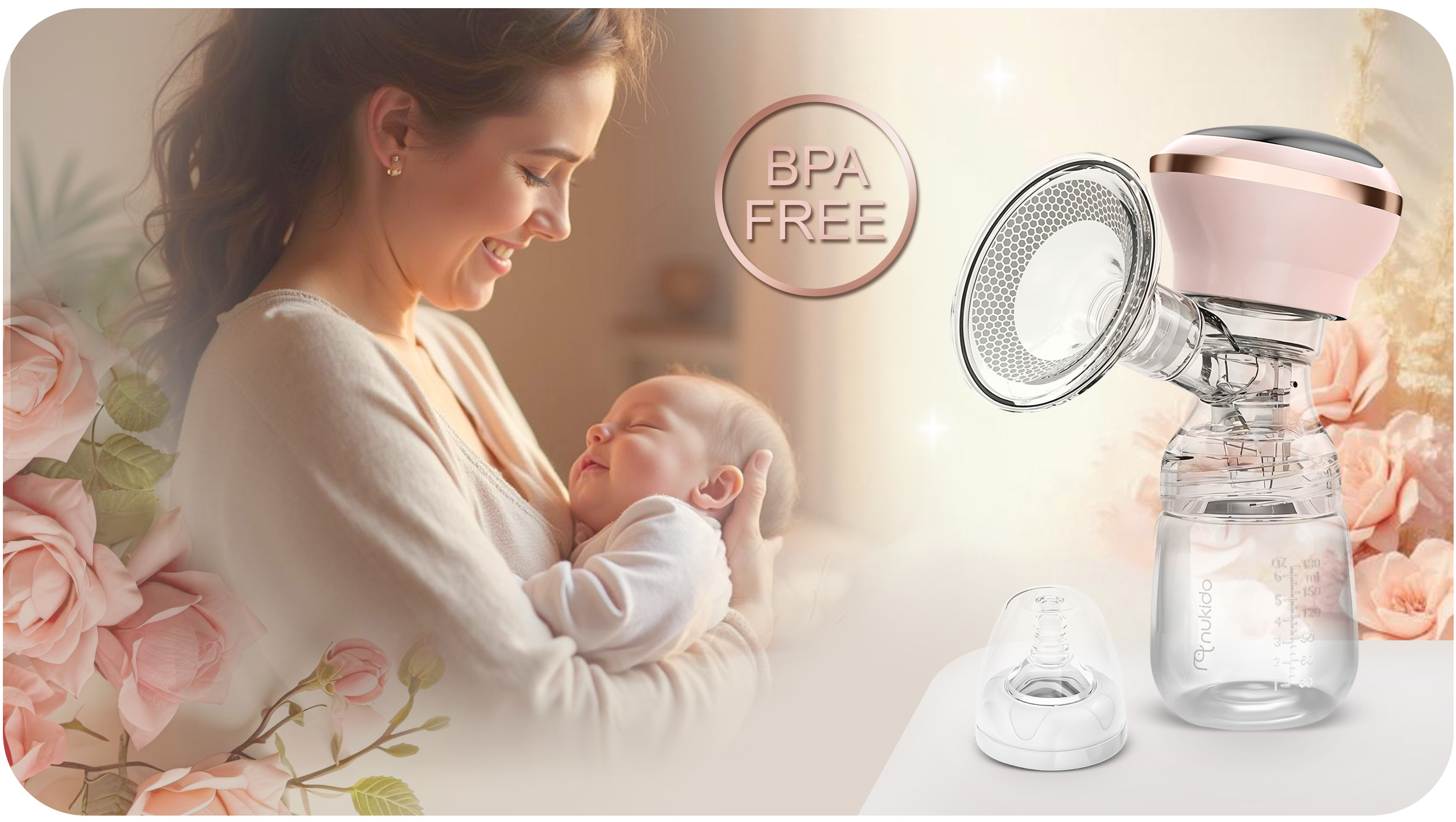 Kobieta trzymająca dziecko z laktatorem i etykietą wolną od BPA, otoczona różami i błyskotkami.