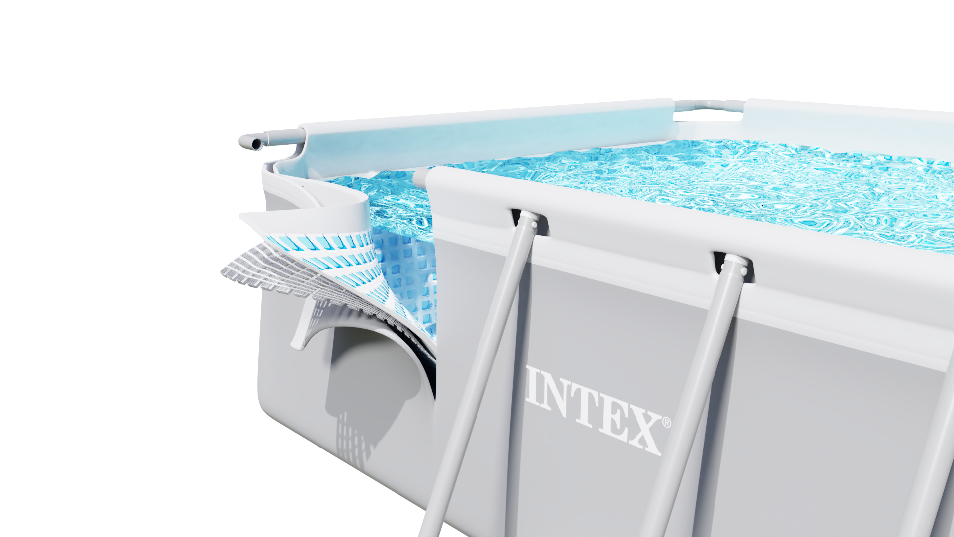 Basen Intex z wodą, ukazujący wewnętrzną warstwę filtrującą i białą ramę na czarnym tle.