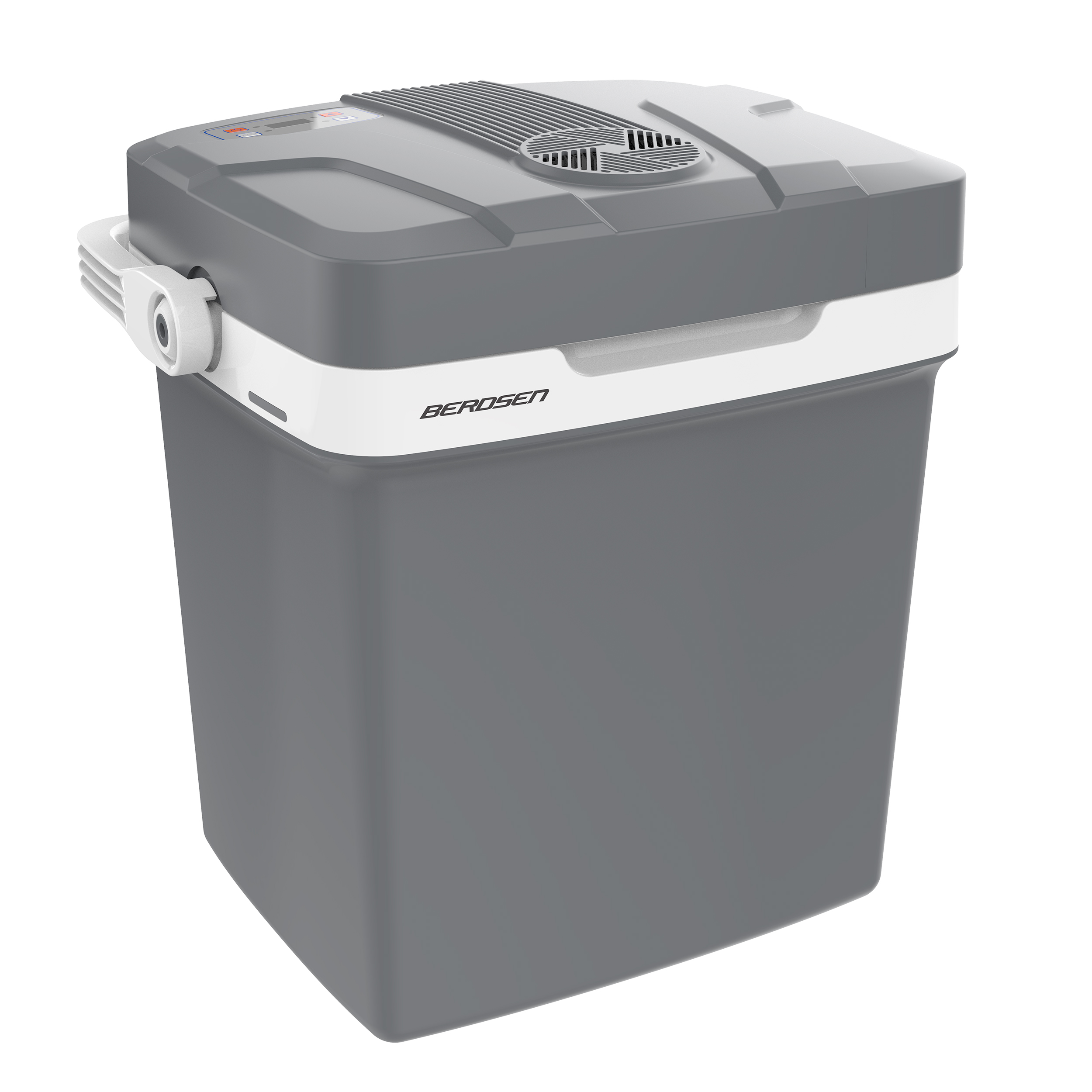 Szara chłodziarka z białym paskiem i uchwytem. Pokrywa ma otwór wentylacyjny. Logo jest widoczne z przodu.