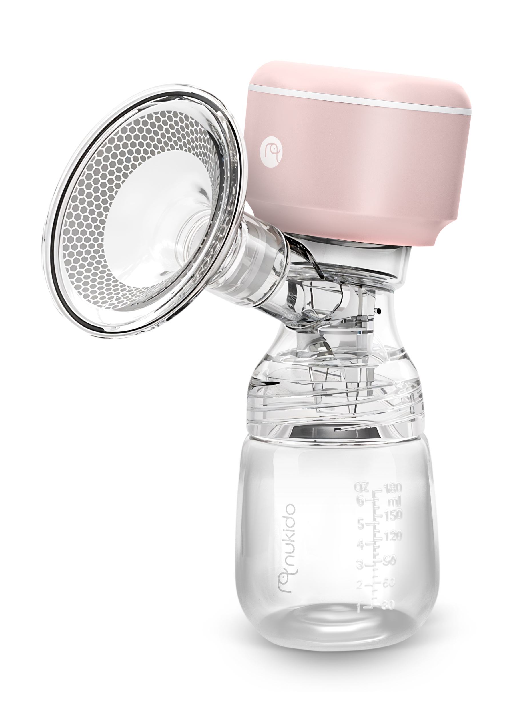 Różowy elektryczny laktator z przezroczystą butelką do zbierania na białym tle.