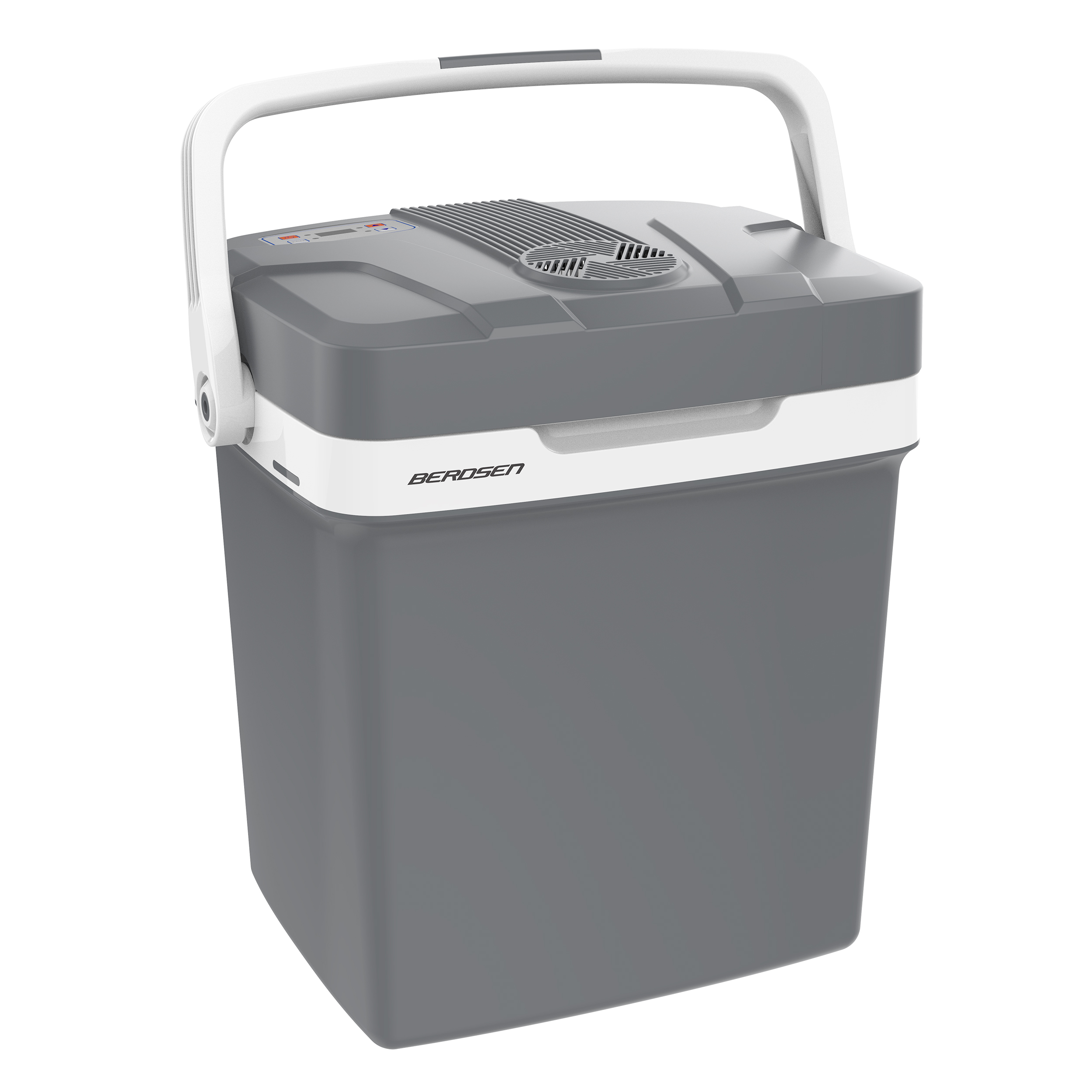 Przenośna szara lodówka z białym uchwytem i wykończeniem na białym tle.