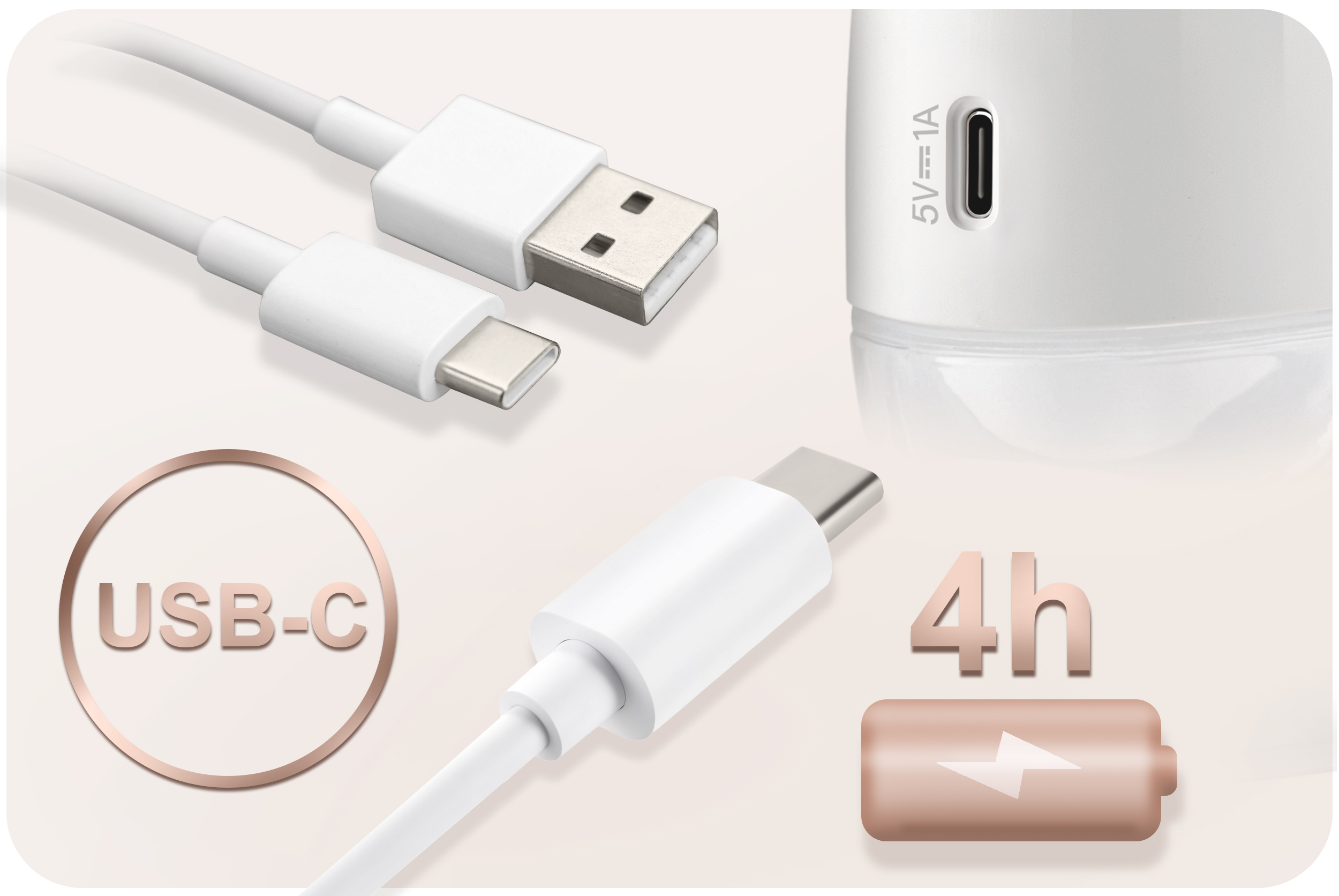 Kable USB-C i USB, ze symbolem ładowania i tekstem. Pokazano białe urządzenie z portem ładowania.