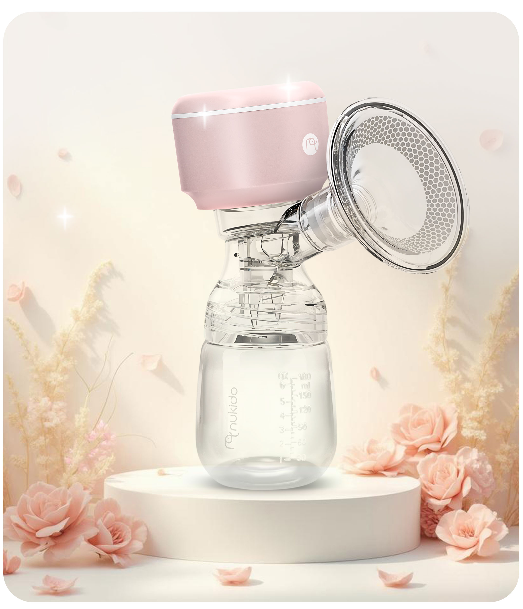 Różowa i przezroczysta laktator na cokole, otoczony kwiatami. Pompa jest ostra.