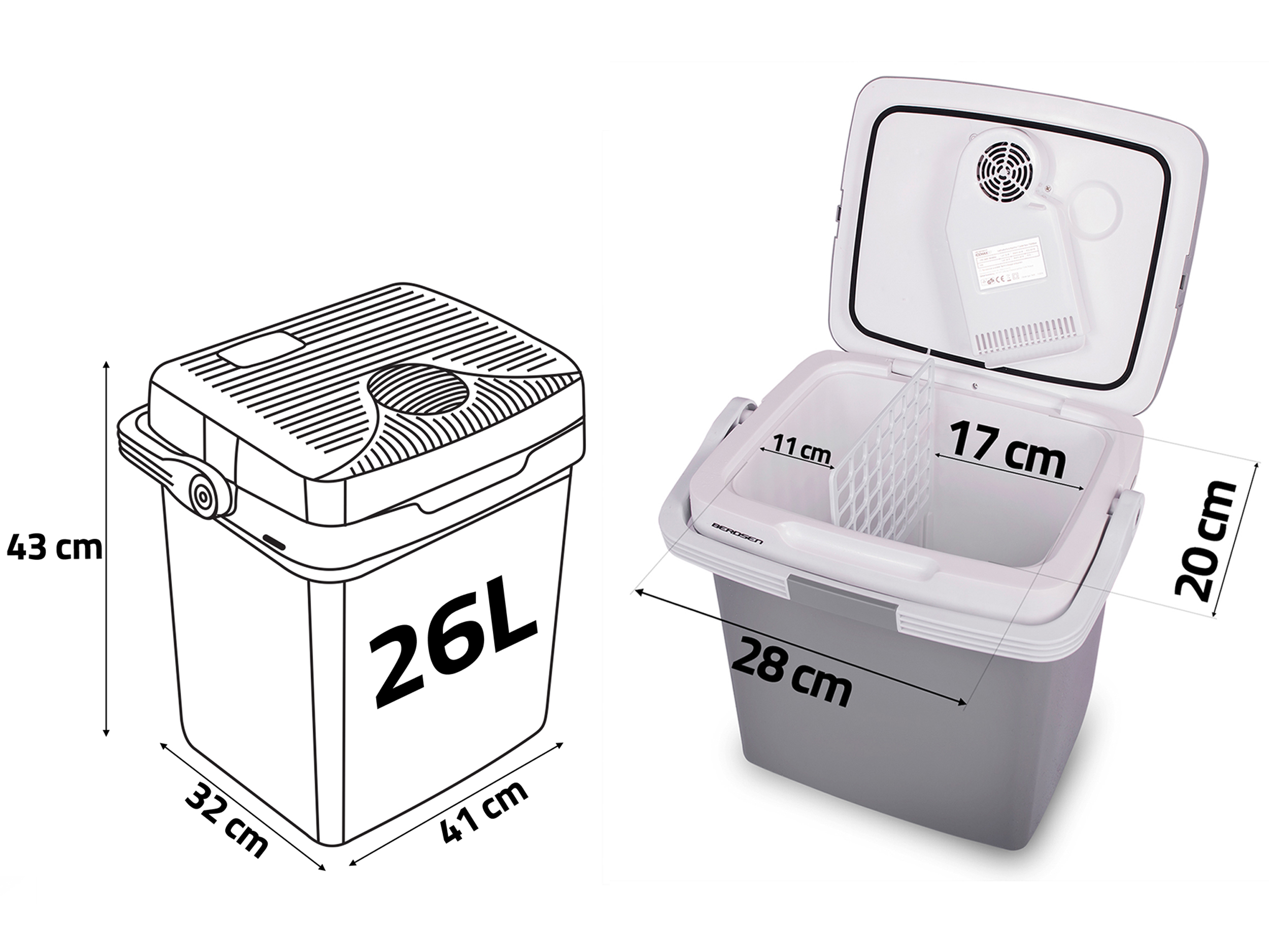 Otwarta szara chłodziarka z wymiarami. Chłodziarka ma białą przegrodę wewnętrzną. Wymiary są opisane.