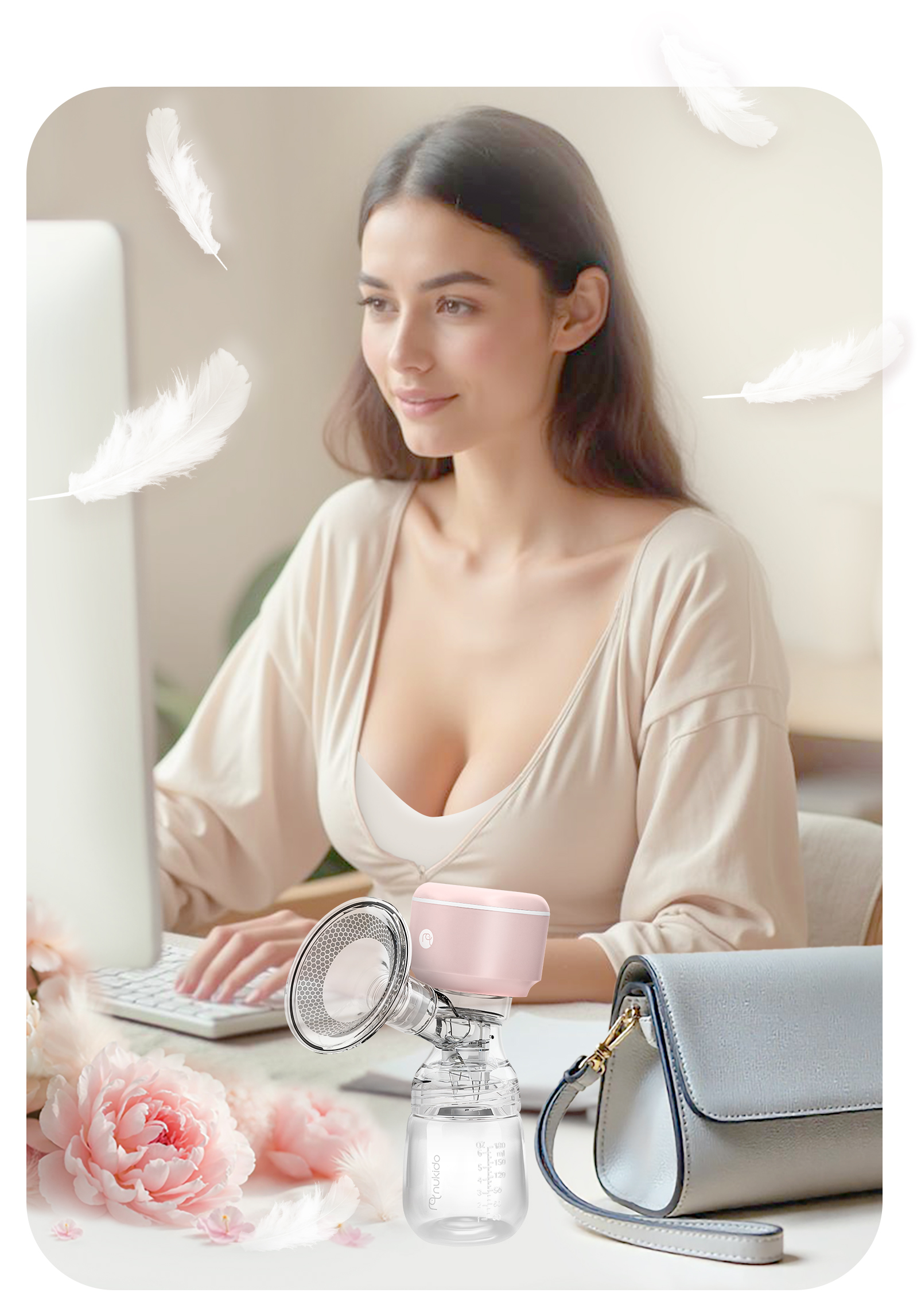 Kobieta używa laktatora podczas pracy. Na biurku leży torebka i kwiaty.