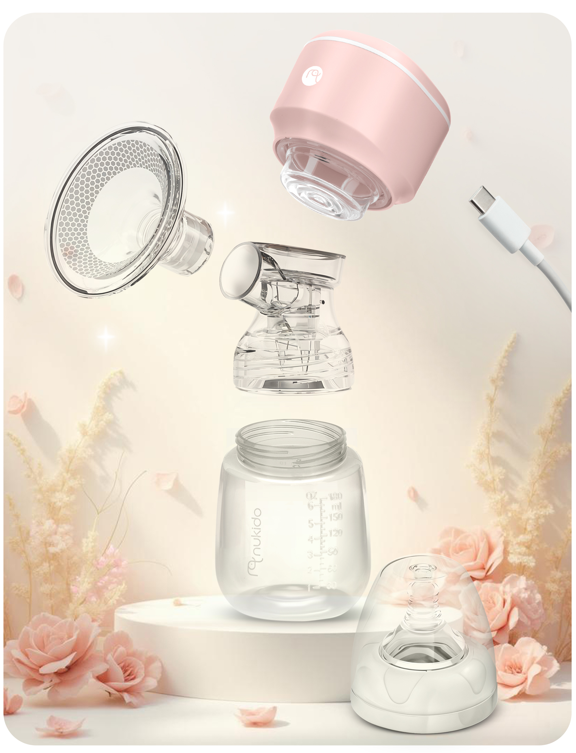 Elementy laktatora: różowy silnik, lejek, butelka i kabel USB-C.