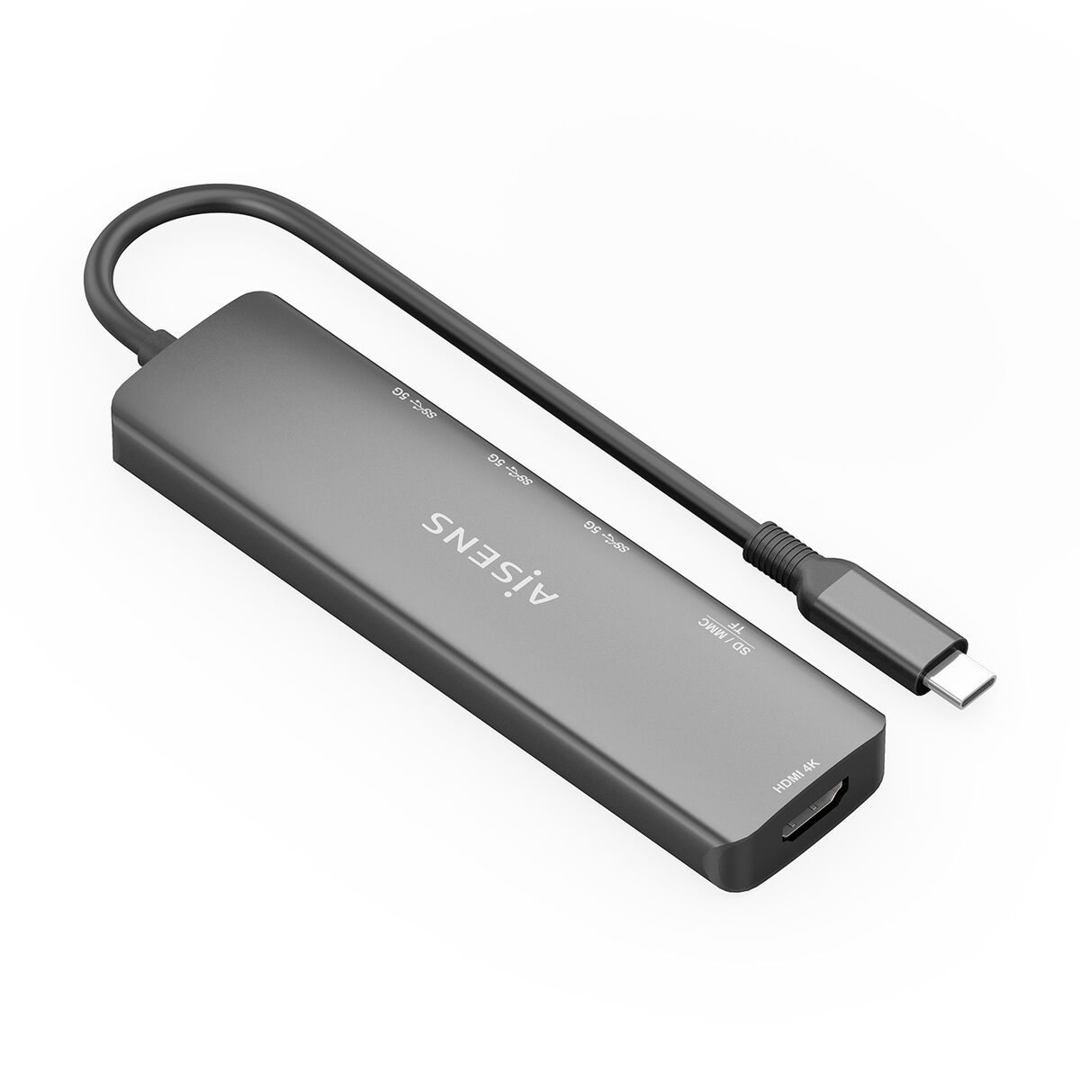 Un hub USB-C grigio con cavo. Il dispositivo è etichettato 'AiSens'.