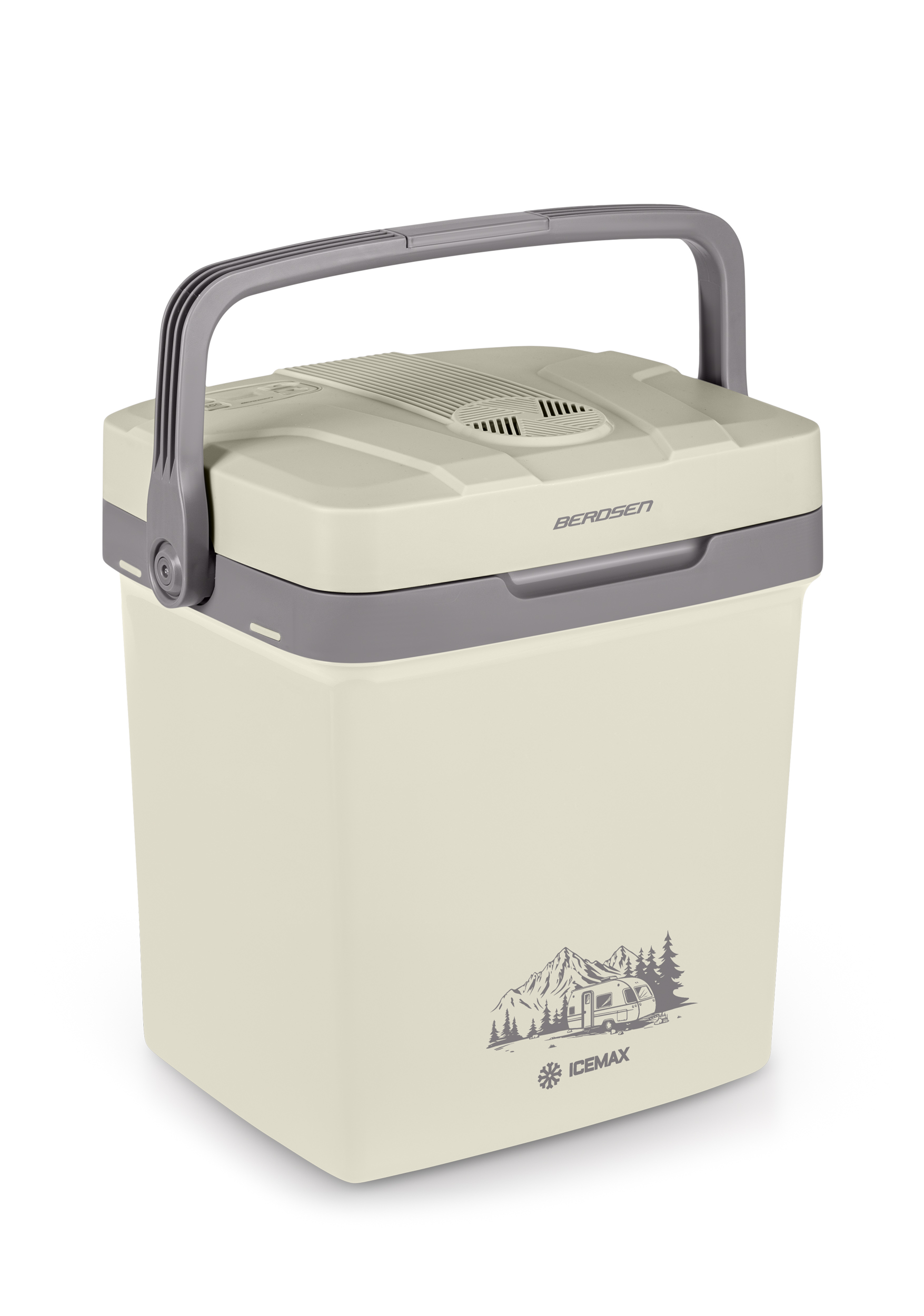 Beżowa chłodziarka z uchwytem, szarym wykończeniem i grafiką góra/kamper.
