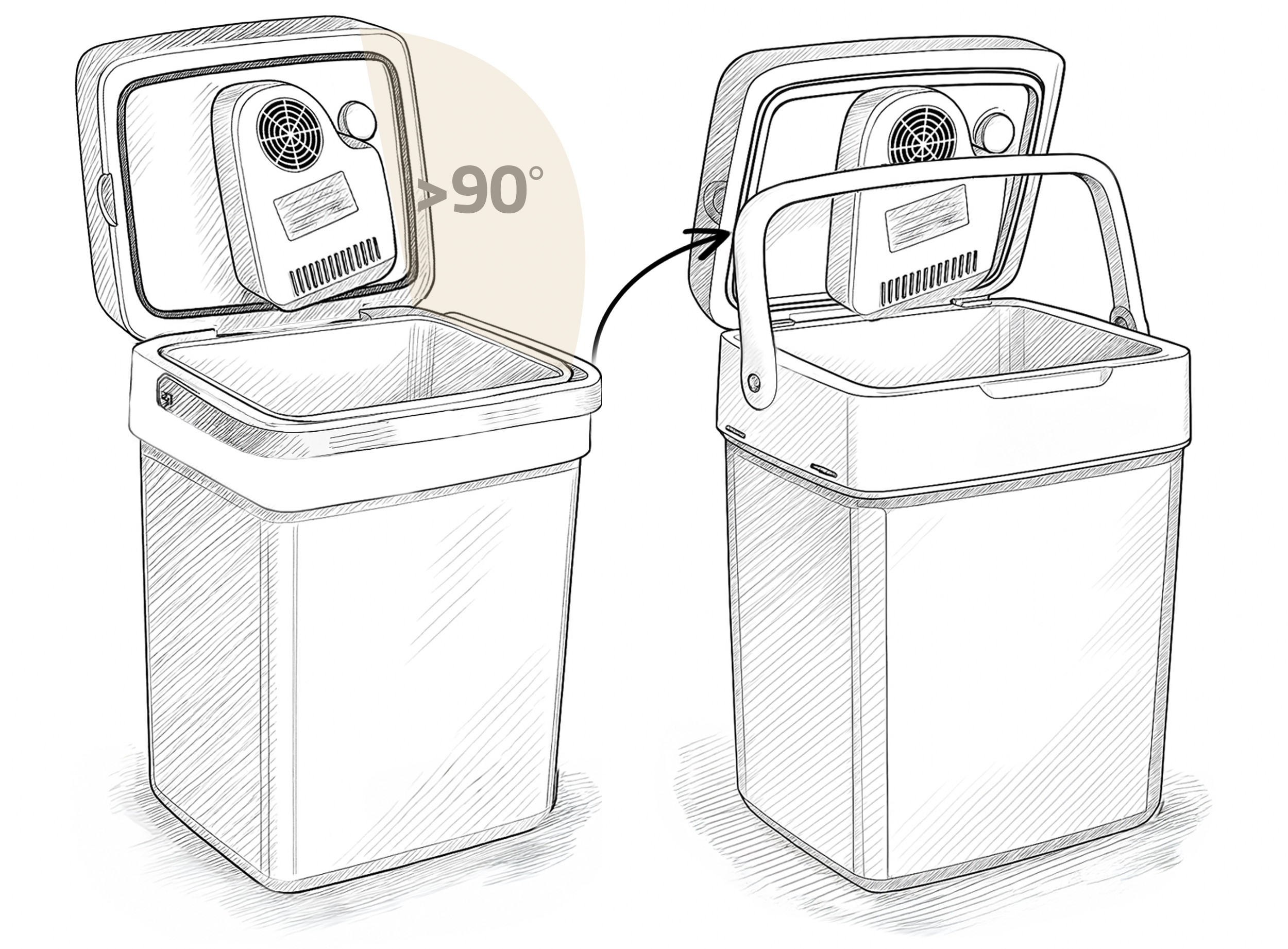 Szkic chłodziarki, otwartej, aby pokazać wnętrze. Pokrywa otwiera się o ponad 90 stopni.
