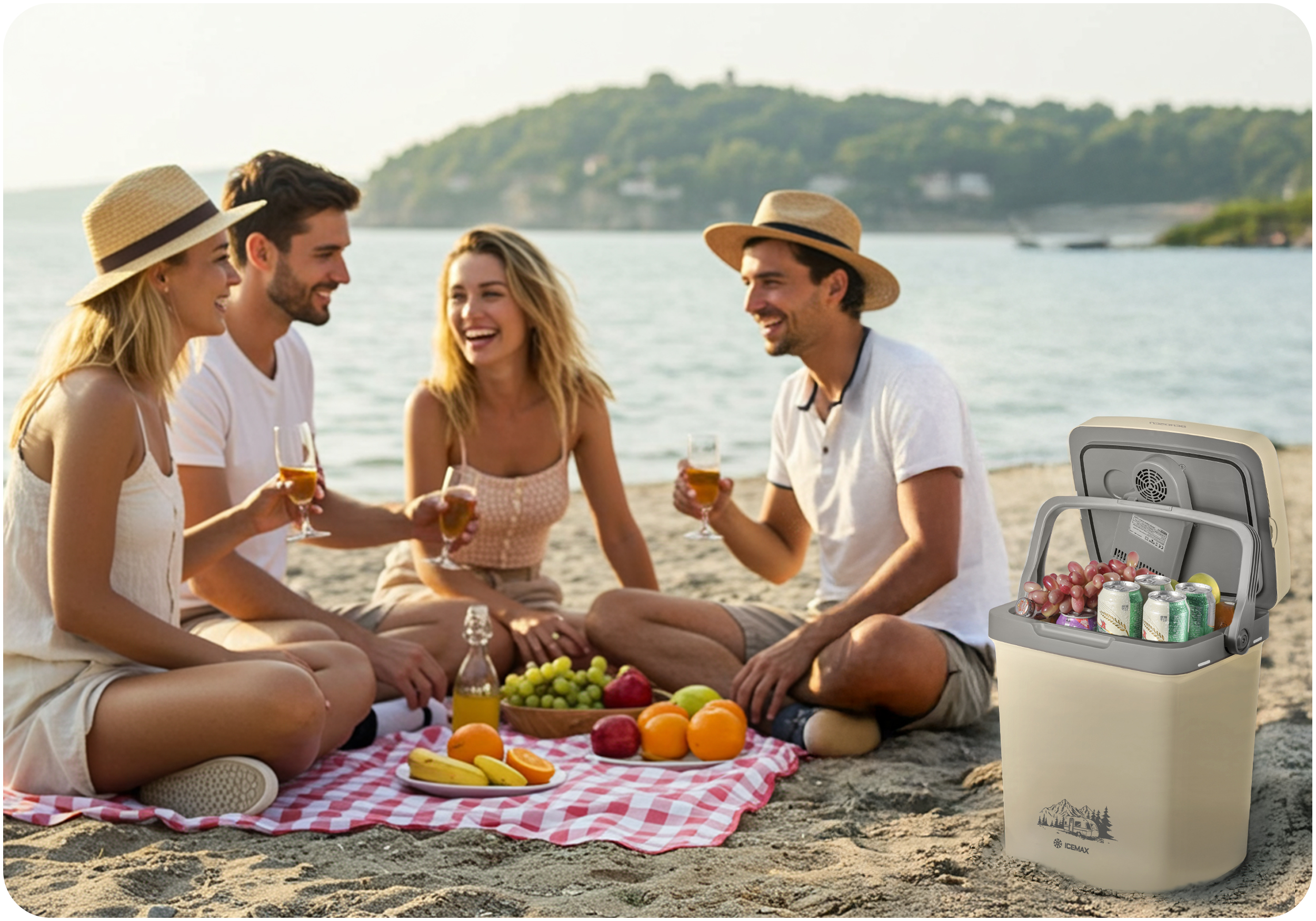 Cztery osoby na pikniku na plaży z jedzeniem, napojami i lodówką, nad oceanem.