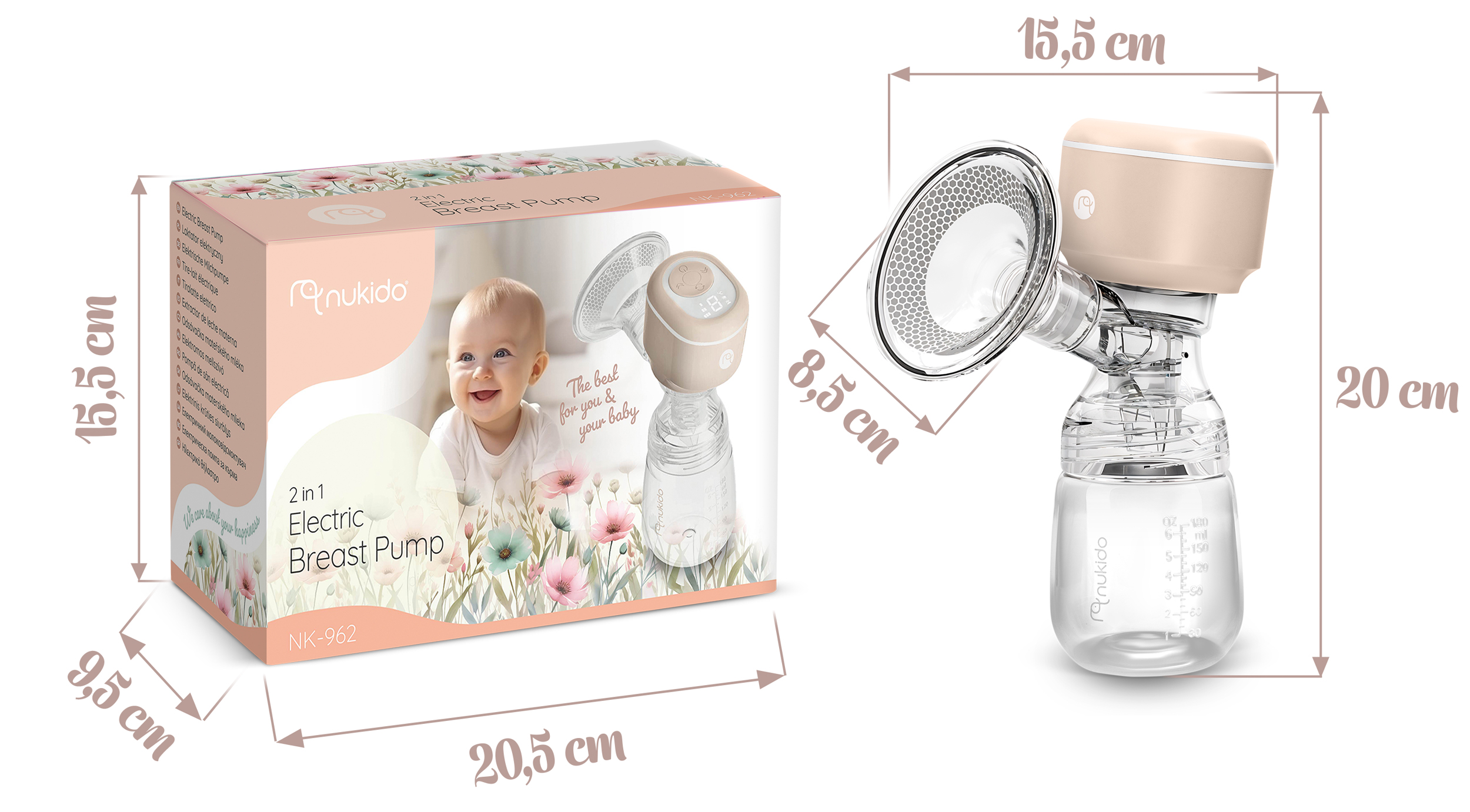 Pudełko ze zdjęciem dziecka, szczegółami produktu i wymiarami.